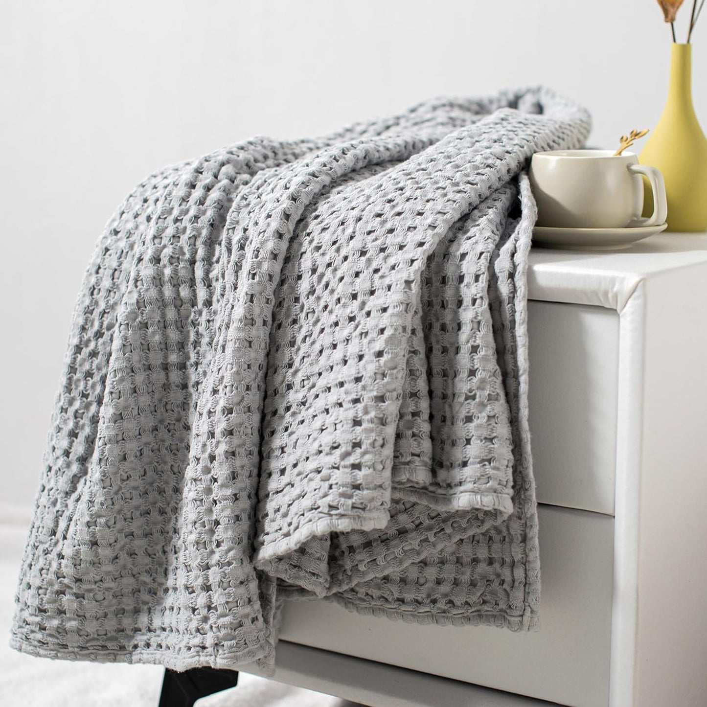 Carriediosa 100% Cotton Waffle Weave Blanket 400GSM Breathable Thermal Blankets for Bed Couch Sofa Soft and Cozy Throws for All Season Home Decor, 50"X 60" Light Grey