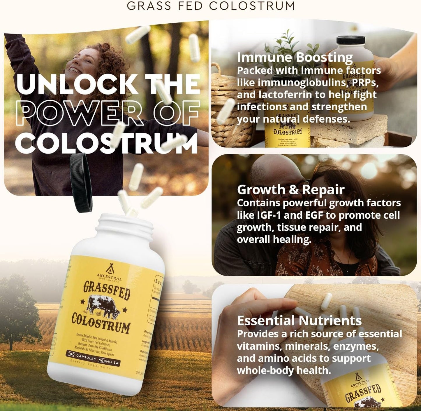 Ancestral Supplements Grass Fed Beef Colostrum Supplement, 3000 mg, Offers Immune Support and Promotes Gut Health, Athletic Performance, Healthy Iron Levels, Growth and Repair, Non GMO, 180 Capsules