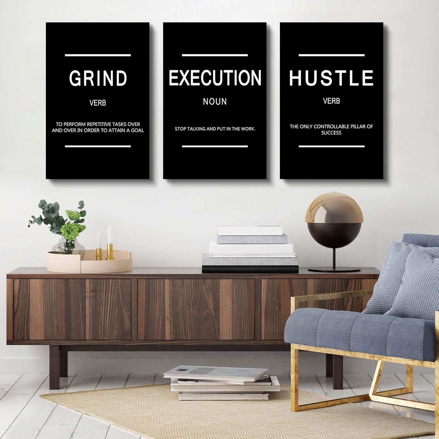 Framed Canvas Wall Art Success Quote, Office Wall Art, Black Large Poster, Positive Motivational Set of 3 Prints, Execute Failure Definition, Inspirational Print (B-3pcs,24x36inchx3pcs)