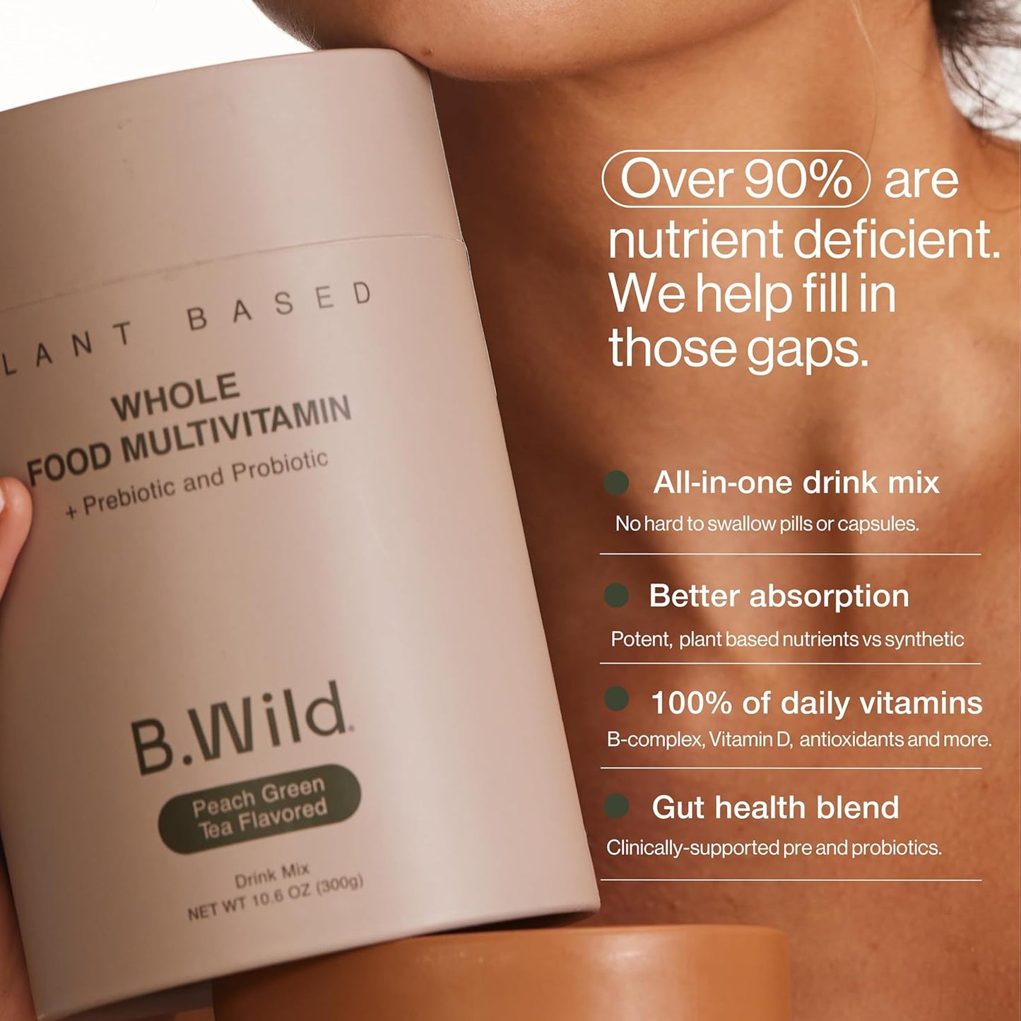 B.WILD Plant-Based Multivitamin Drink Mix – Refreshing Peach Green Tea with Prebiotics, Probiotics & Adaptogens for Gut Health & Stress Support – 30 Servings – Vegan, Gluten-Free