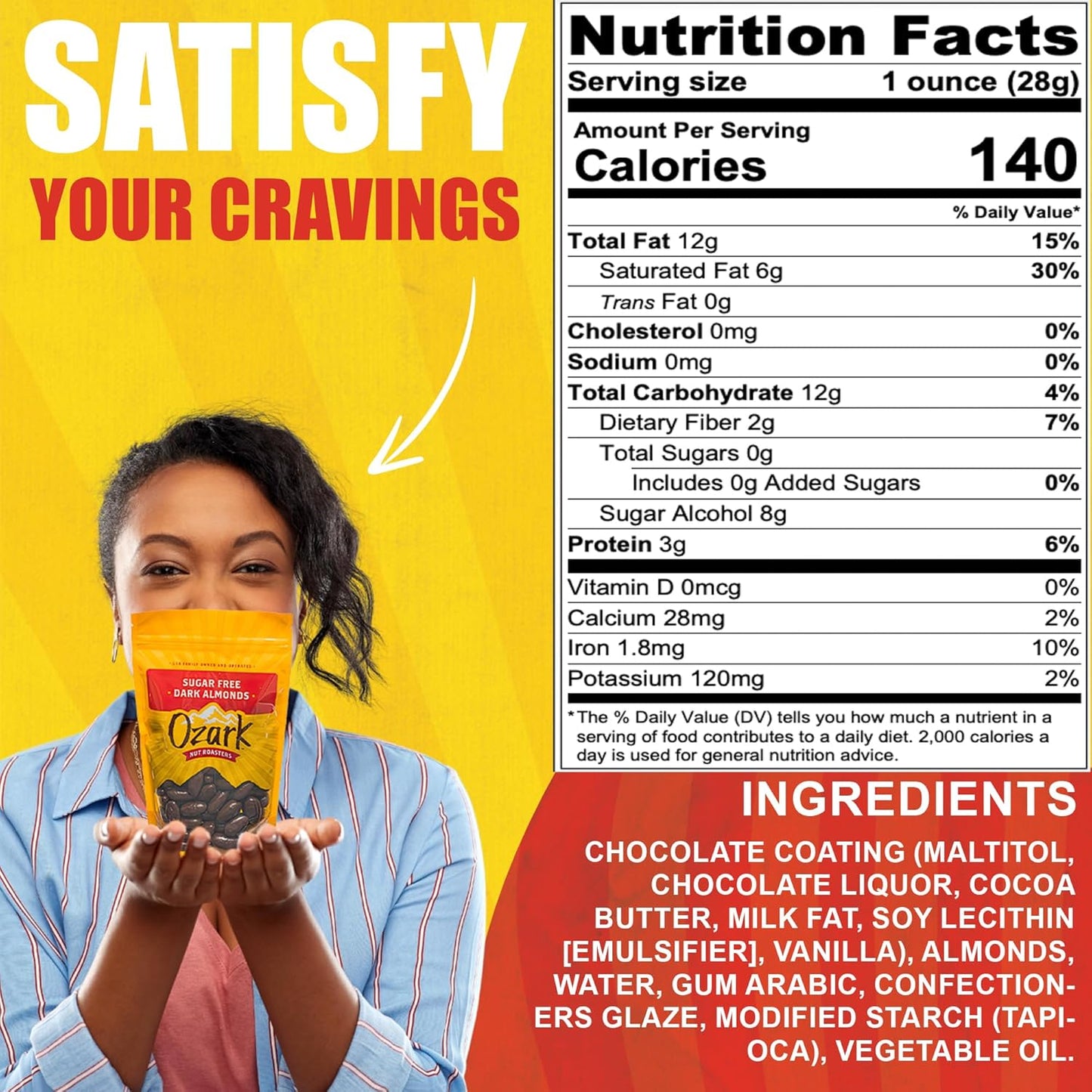 OZARK NUT ROASTERS, Sugar-Free Dark Almonds, Dark Chocolate Flavored Snacks, No Sugar Added, World-Class Gourmet Candied Nuts, Resealable Pack (14.0 oz)