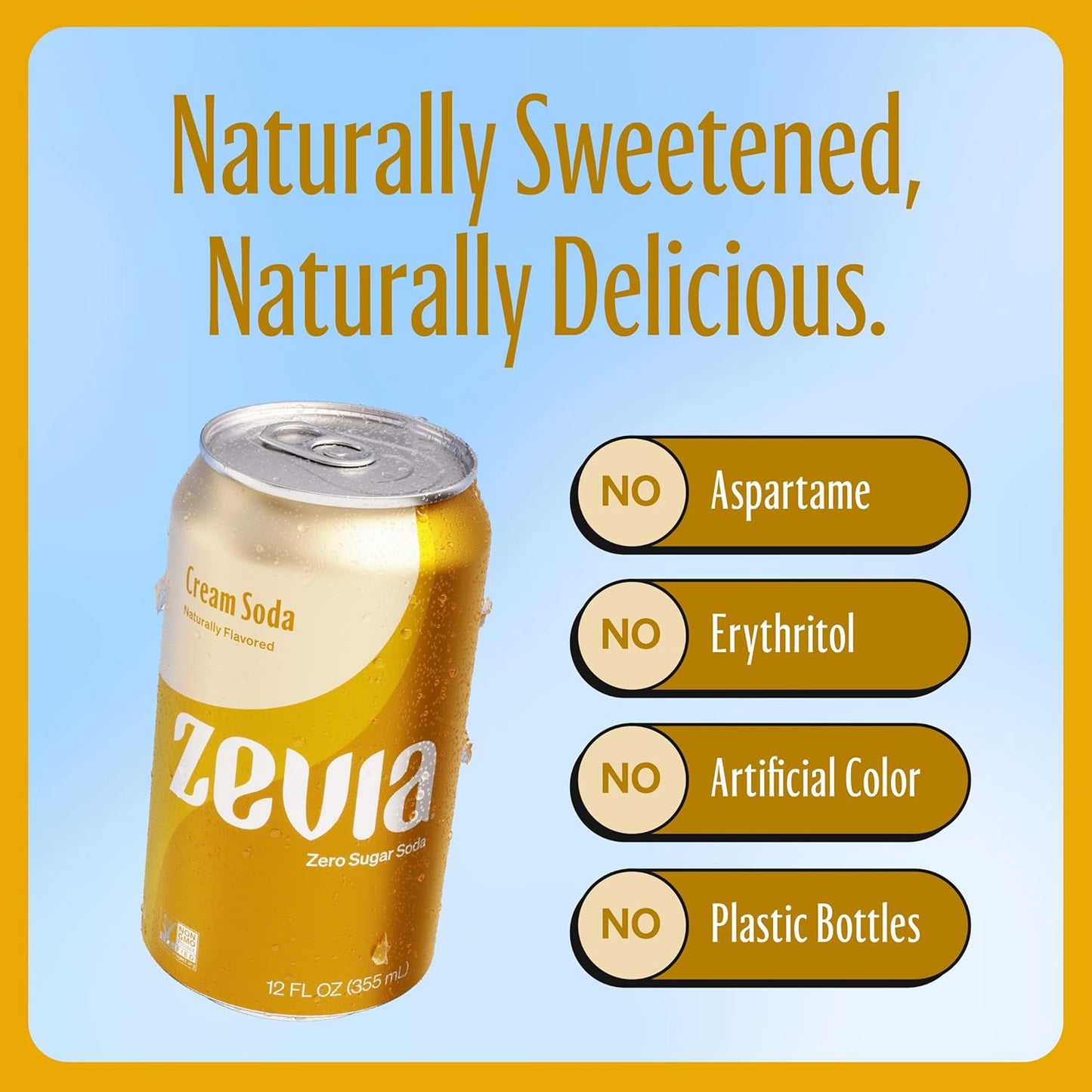 Zevia Zero Sugar Soda, Cream Soda, 12 oz Cans (24-Pack) – Naturally Sweetened, Non-GMO Project Verified, Gluten-Free, Vegan