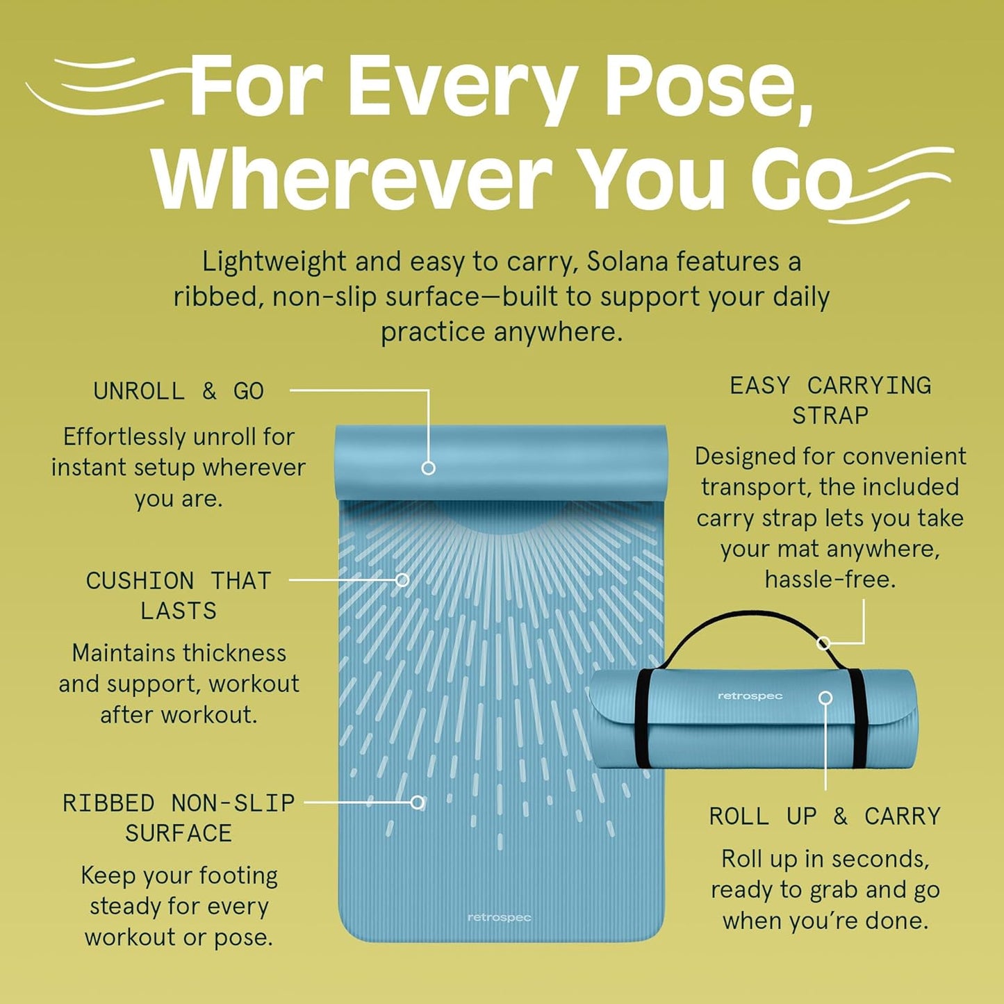 Retrospec Solana Yoga Mat 1" Thick With Nylon Carry Strap for Men & Women - Non Slip Exercise Mat for Home Yoga, Pilates, Stretching, Floor & Fitness Workouts