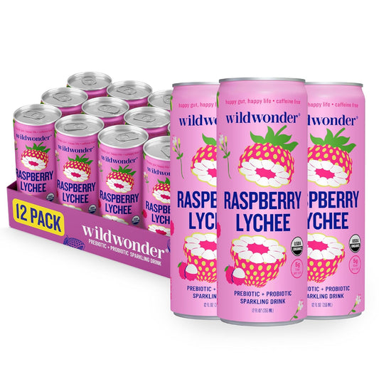 NEW! wildwonder Sparkling Probiotic Drink 12pk, For Gut Health & Immune Support, Raspberry Lychee, 5g Prebiotic Fiber, Live Probiotics, Organic, Vegan, Low Sugar, 12 Pack, 12oz Can, Seen on Shark Tank