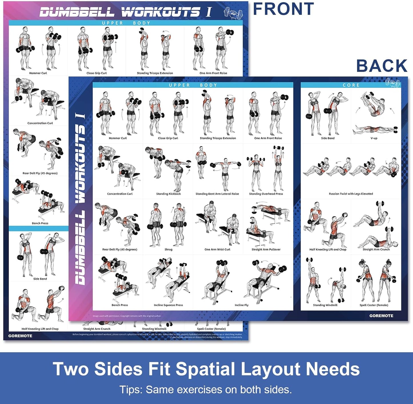 Dumbbell Workout Poster Set (2 Pack) - Workout Charts for Home Gym, Volume I & II - 18" x 24" with Enlarged Dumbbell Exercise Illustrations