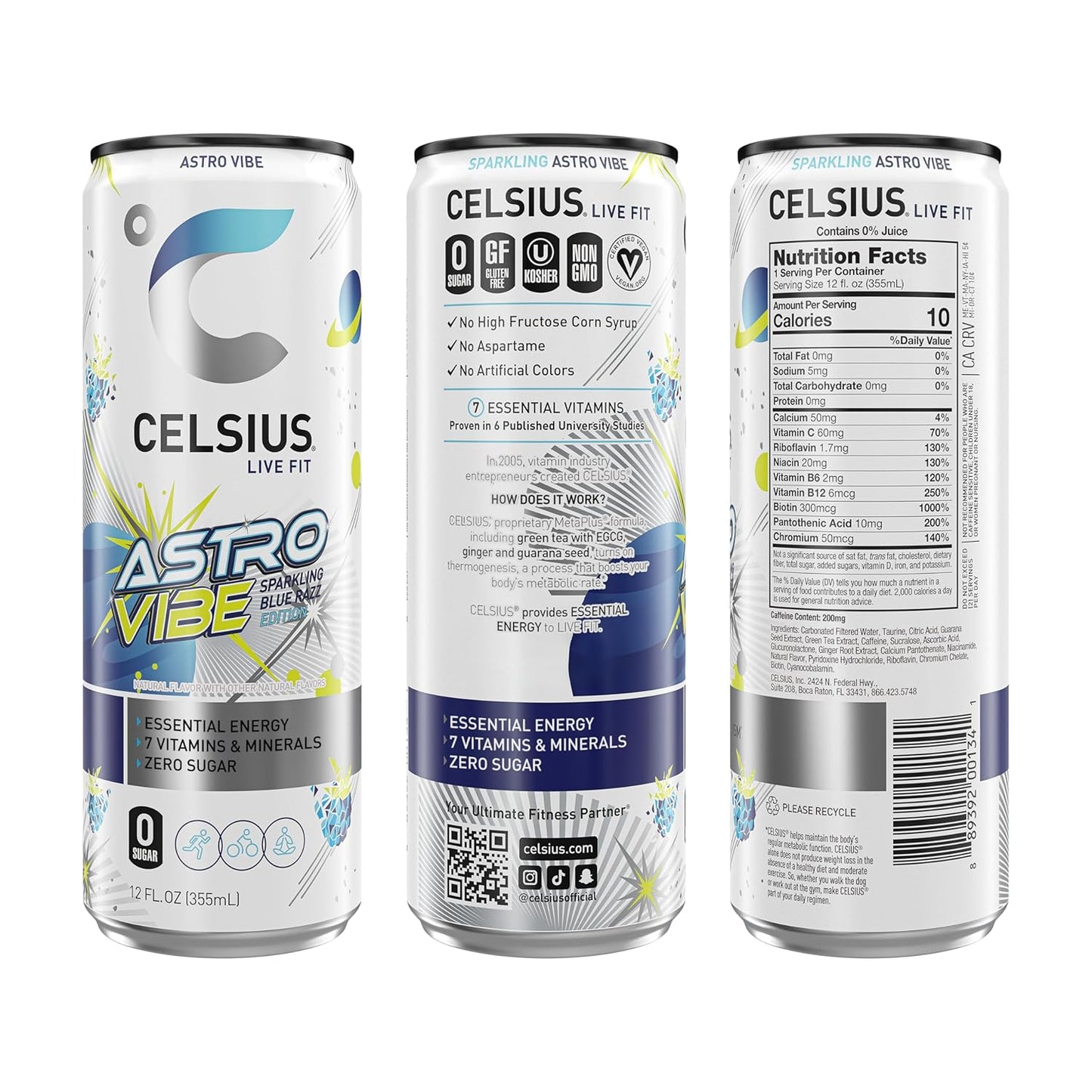 CELSIUS ASTRO VIBE Sparkling Blue Razz, Sugar Free Energy Drink, 12 Fl Oz (Pack of 12)