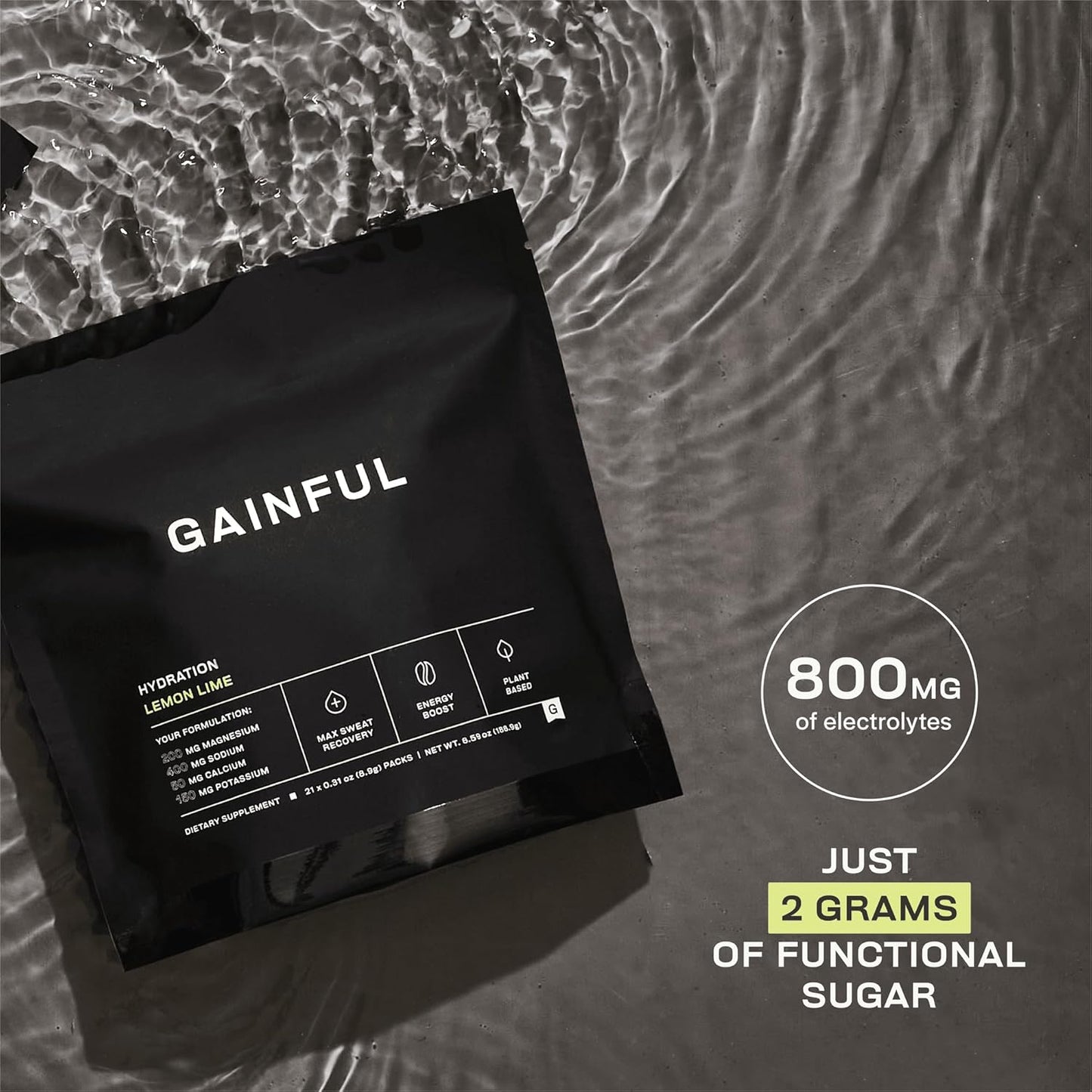 Gainful Hydration Powder Packets, Caffeine Free with Key Electrolytes Magnesium and Sodium, Energy Support, Low Sugar, Lemon Lime, 21 Sticks