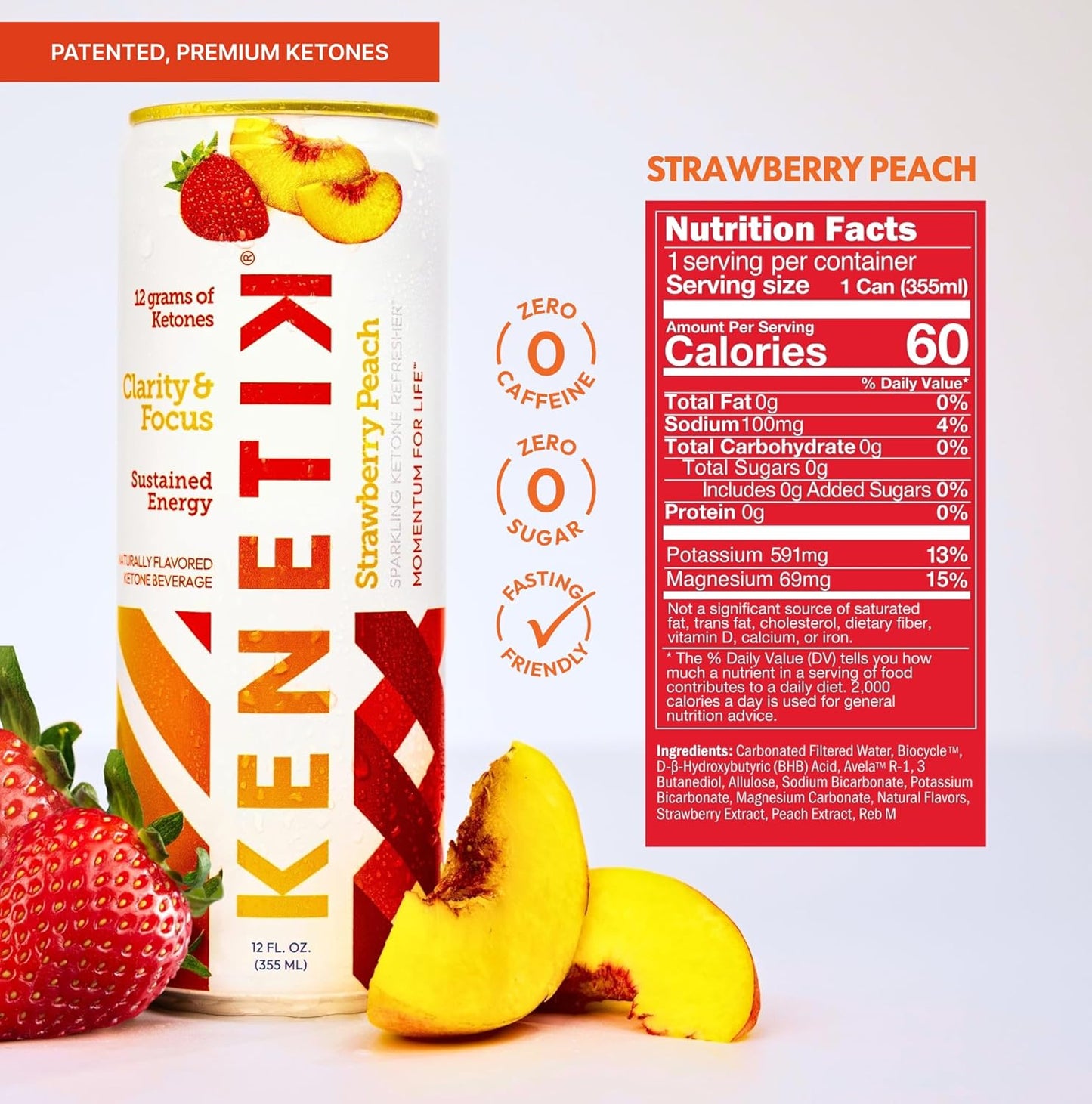 KENETIK Nootropic Ketone Drink, Ketones for Energy & Focus, Caffeine & Sugar Free, High Performance D-BHB Ketone Mix, Fuel w/Zero Crash or Jitters, Ready to Drink - Strawberry Peach 12 Pk