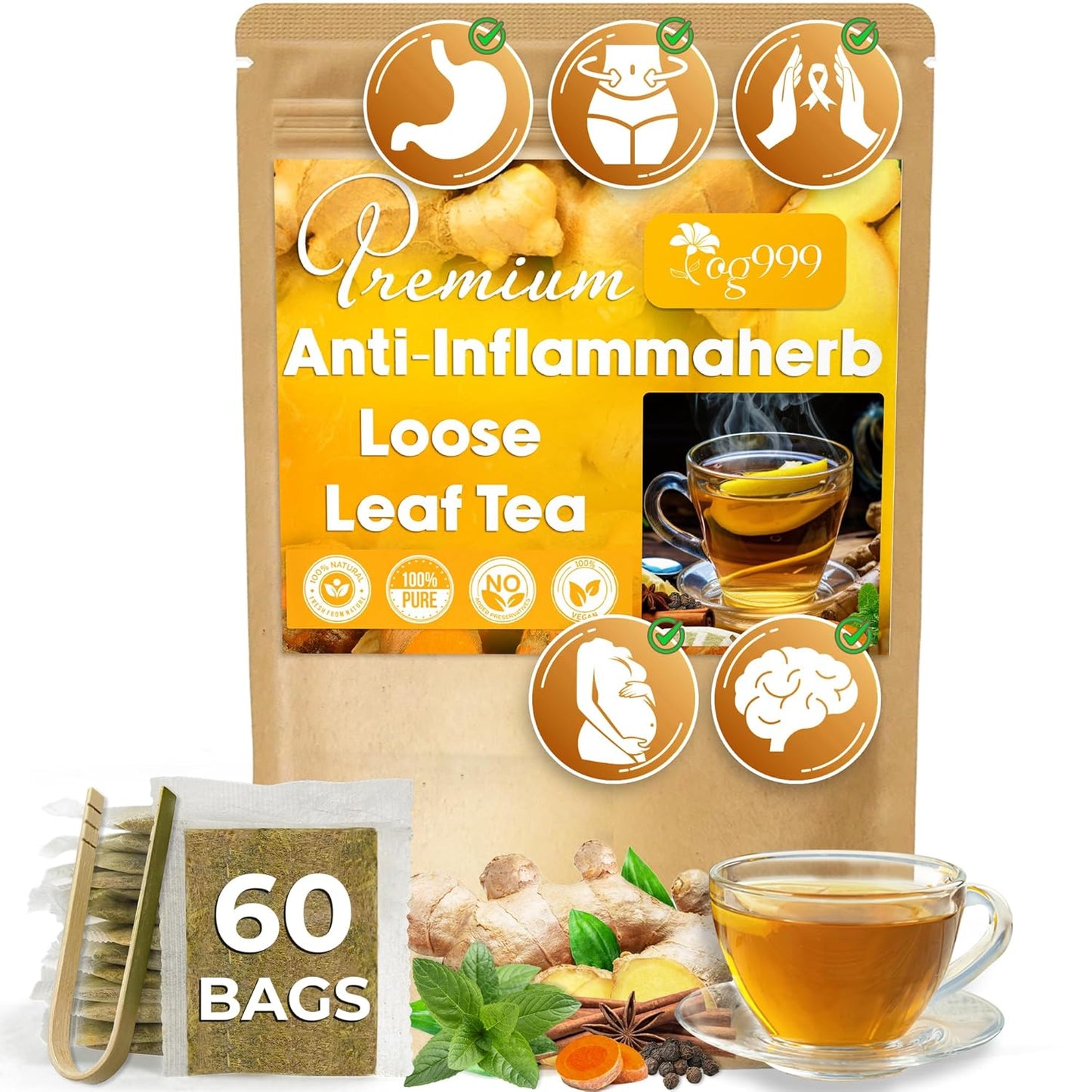 60 Tea Bags - Anti-Inflammaheb Loose Leaf Tea, 100% Natural from Ginger, Turmeric, Peppermint, Black Pepper, Cinnamon. Made with Natural Material Tea Bags. No Sugar, No Caffeine, No Gluten, Vegan. (60 Tea Bags)