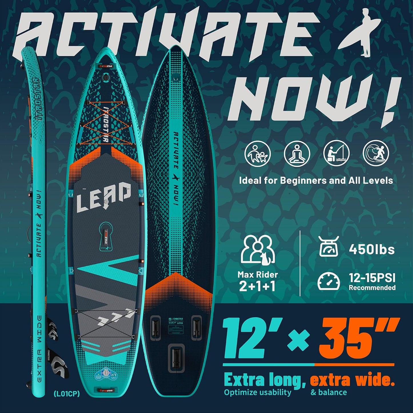 Lead 11‘ x 33" / 12’×35" Inflatable Stand Up Paddle Board - Premium SUP Board Kit - Ultra Stable Paddleboard for Adults & Youth - All Skill Levels - for Lakes, Oceans