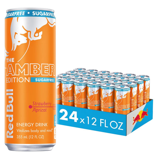Red Bull Amber Edition Sugar Free Energy Drink, Strawberry Apricot, with 114mg Caffeine plus Taurine & B Vitamins, 12 Fl Oz, Pack of 24 Cans
