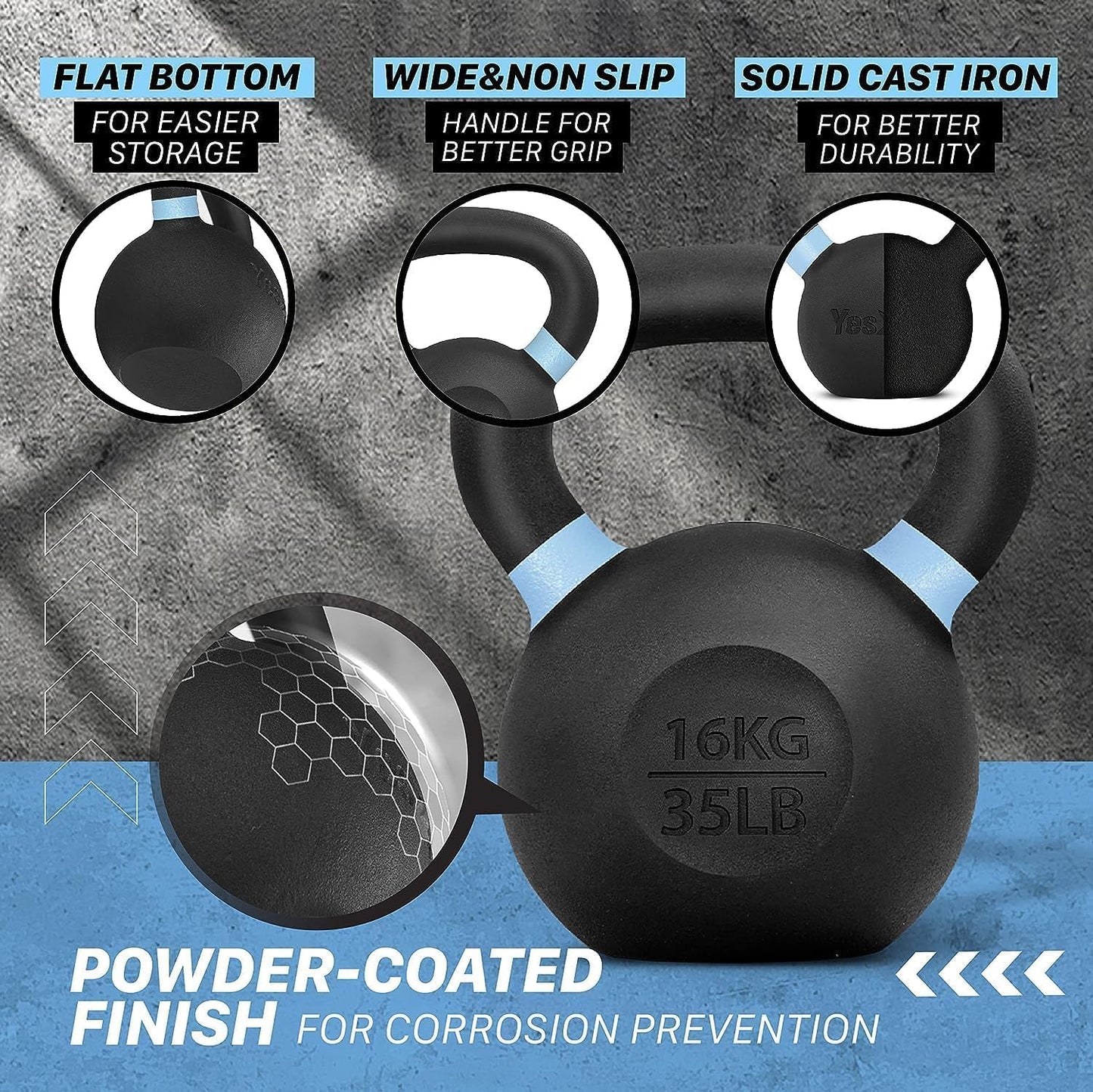 Yes4All Powder Coated Cast Iron Kettlebell Strength Training Kettlebells Weight Set for Full Body Workout, Home Gym