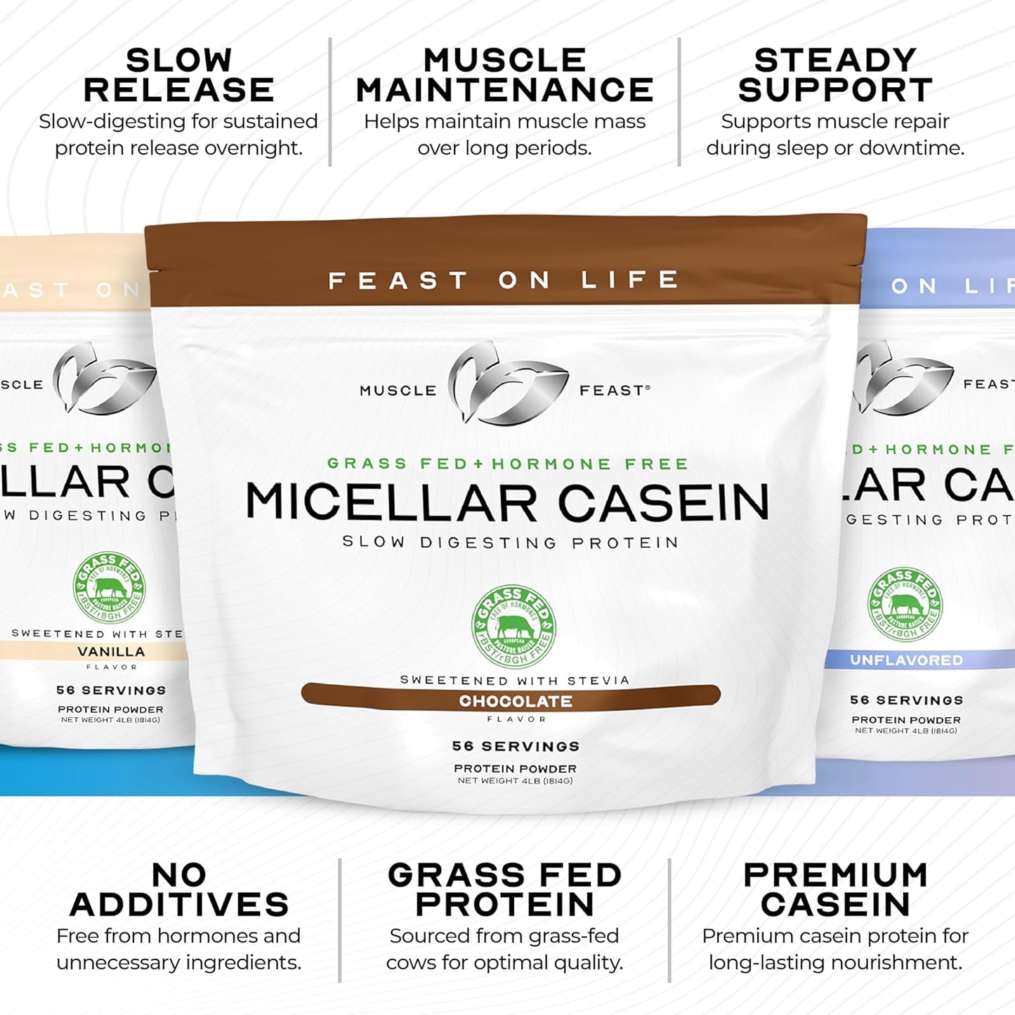 Muscle Feast Grass Fed Micellar Casein Protein Powder, Pasture Raised & Hormone Free, Slow Digesting Casein Protein - Supports Overnight Muscle Recovery, Gluten Free Protein Powder - Vanilla, 2lb
