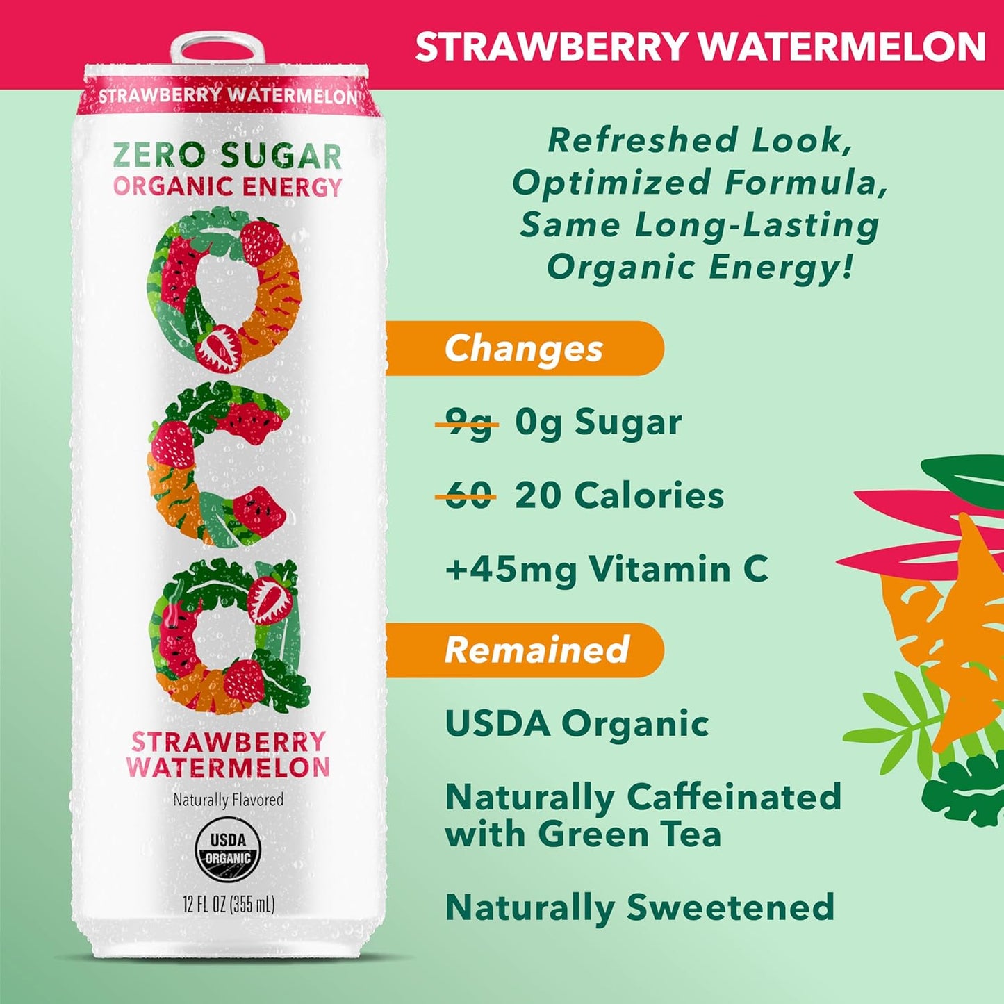 OCA ZERO Strawberry Watermelon, Organic energy drink, zero sugar, gluten-free, vegan plant-based, 12 Fl Oz (12-pack)