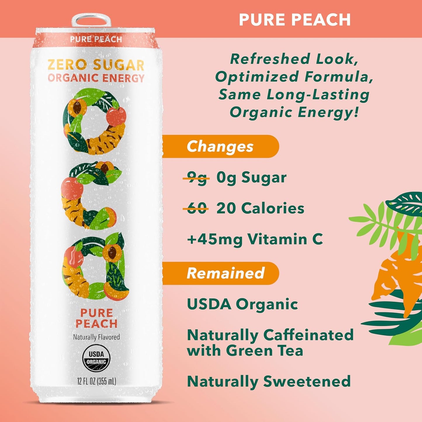 OCA ZERO Pure Peach, Organic energy drink, zero sugar, gluten-free, vegan plant-based, 12 Fl Oz (12-pack)