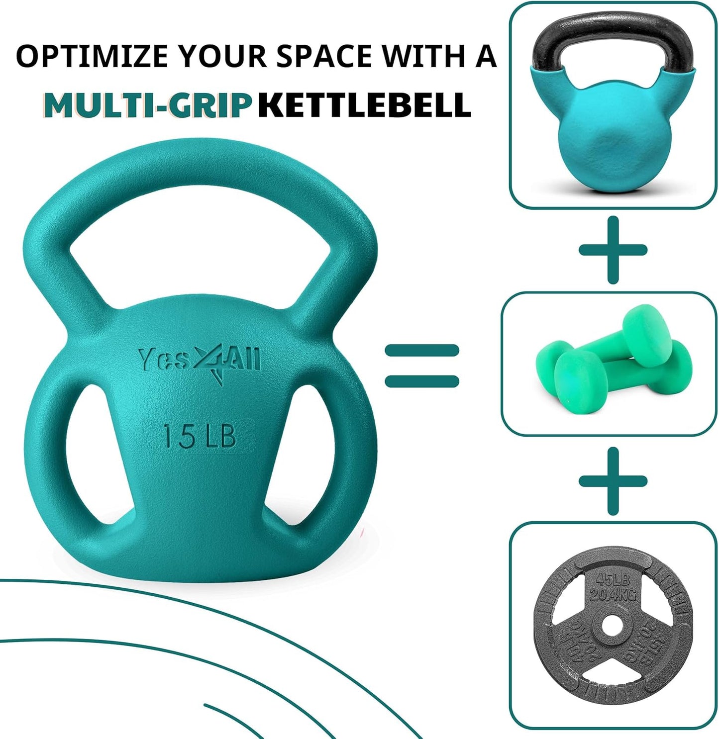 Yes4All Kettlebell 10&15lb Weight with Wide Multigrip Handle for Dumbbell Weights Exercises, Full Body Workout Equipment