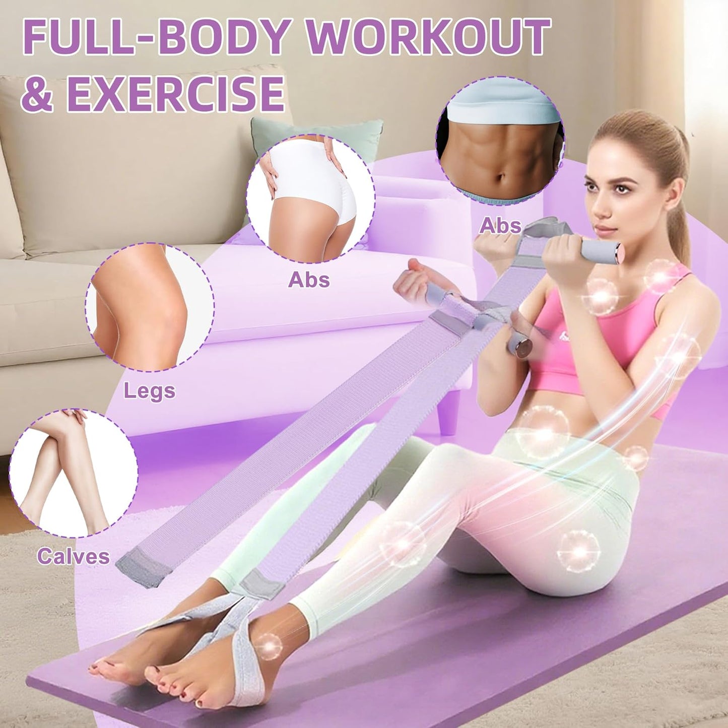 Fabric Resistance Band with Handles – Non-Slip Pedal Puller for Sit Ups & Full Body Strength Training, Portable Stretch Bands for Leg, Arm & Core, Workout Equipment for Women