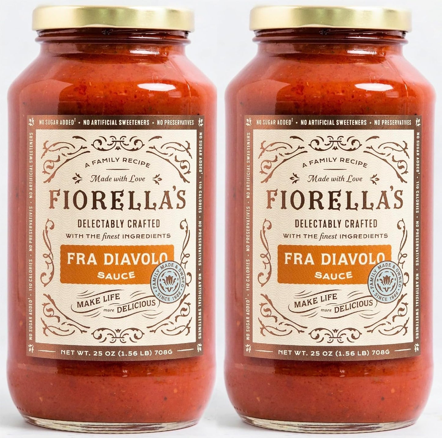 Fiorella's Fra Diavolo, Arrabbiata Sauce - Tomato Sauce Made with Fresh Ingredients - No Sugar Added, No Preservatives Added, No Artificial Sweeteners, Pasta Sauce, 25 Oz (Pack of 2)