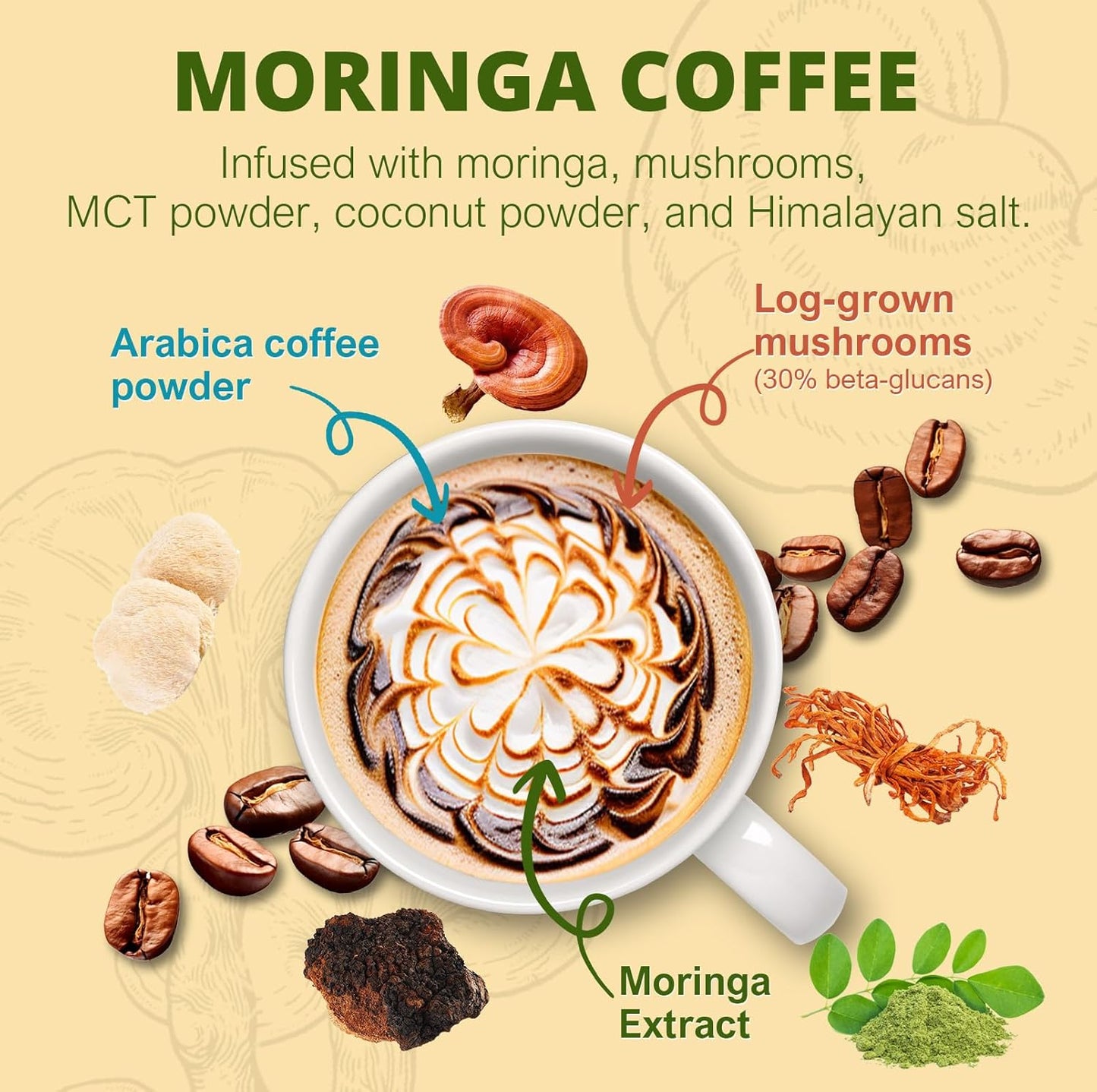 Moringa Mushroom Coffee Infused with Reishi, Moringa & Shiitake - 30% Beta-Glucans, Nutrient-rich and Antioxidants - 6.35oz (180g)
