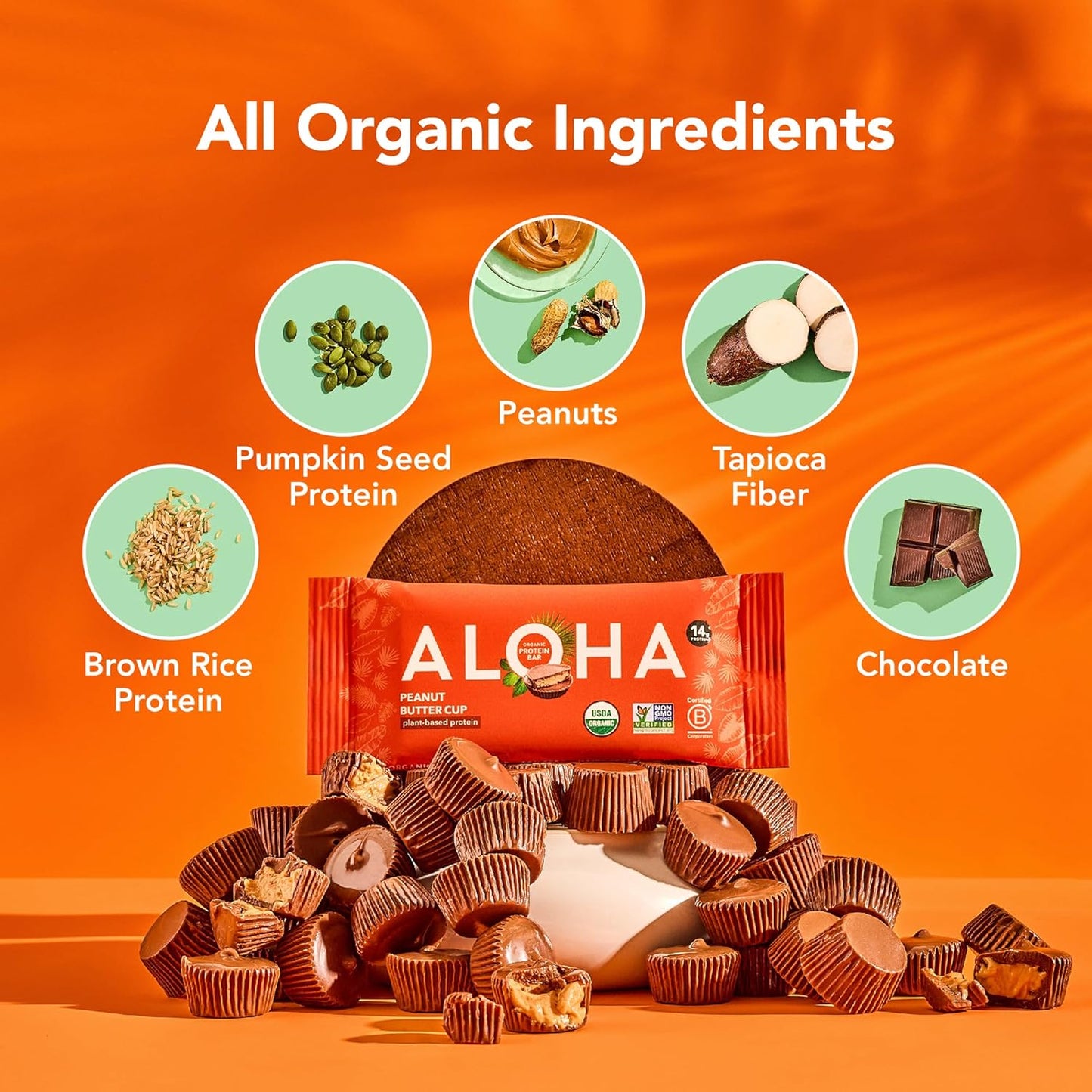 ALOHA Organic Plant Based Protein Bars - Peanut Butter Cup Bar - 12 Bars, Vegan, Low Sugar, Gluten-Free, Low Carb, Non-GMO, No Stevia, No Erythritol