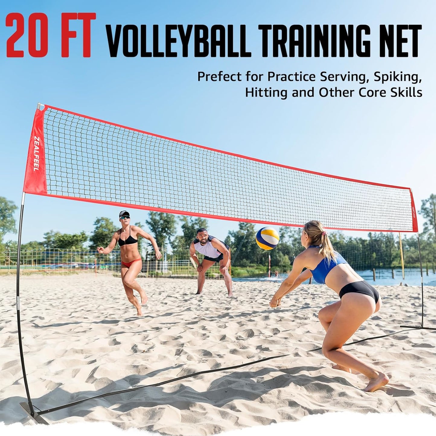 Volleyball Net, 12ft/20ft Training Set Height Adjustable, Portable Freestanding Practice for Hitting or Serving Drills, Pop up With Carry Bag for Backyard or Outdoor