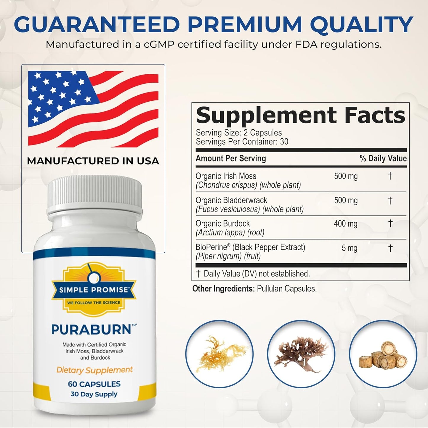 Simple Promise PuraBurn™ - Herbal Wellness Supplement with Organic Irish Sea Moss, Bladderwrack & Burdock Root - Supports Digestive Health & Nutrient Absorption - 60 Capsules