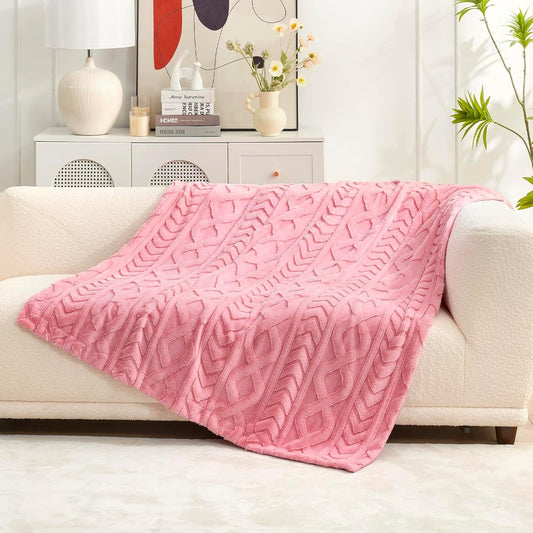 Cozy Bliss Faux Fur Throw Blanket for Couch, Jacquard Fuzzy Plush Soft Thick Winter Throw Blanket for Sofa Bed Living Room Bedroom, 50 * 60 Inches Hot Pink