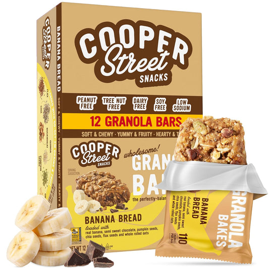 Cooper Street Banana Bread Granola Bakes (12 pack) - Individually Wrapped Soft and Chewy Breakfast Granola Bars - Nut, Dairy & Soy Free - Great As Kids Snacks For School, Hiking Or Work