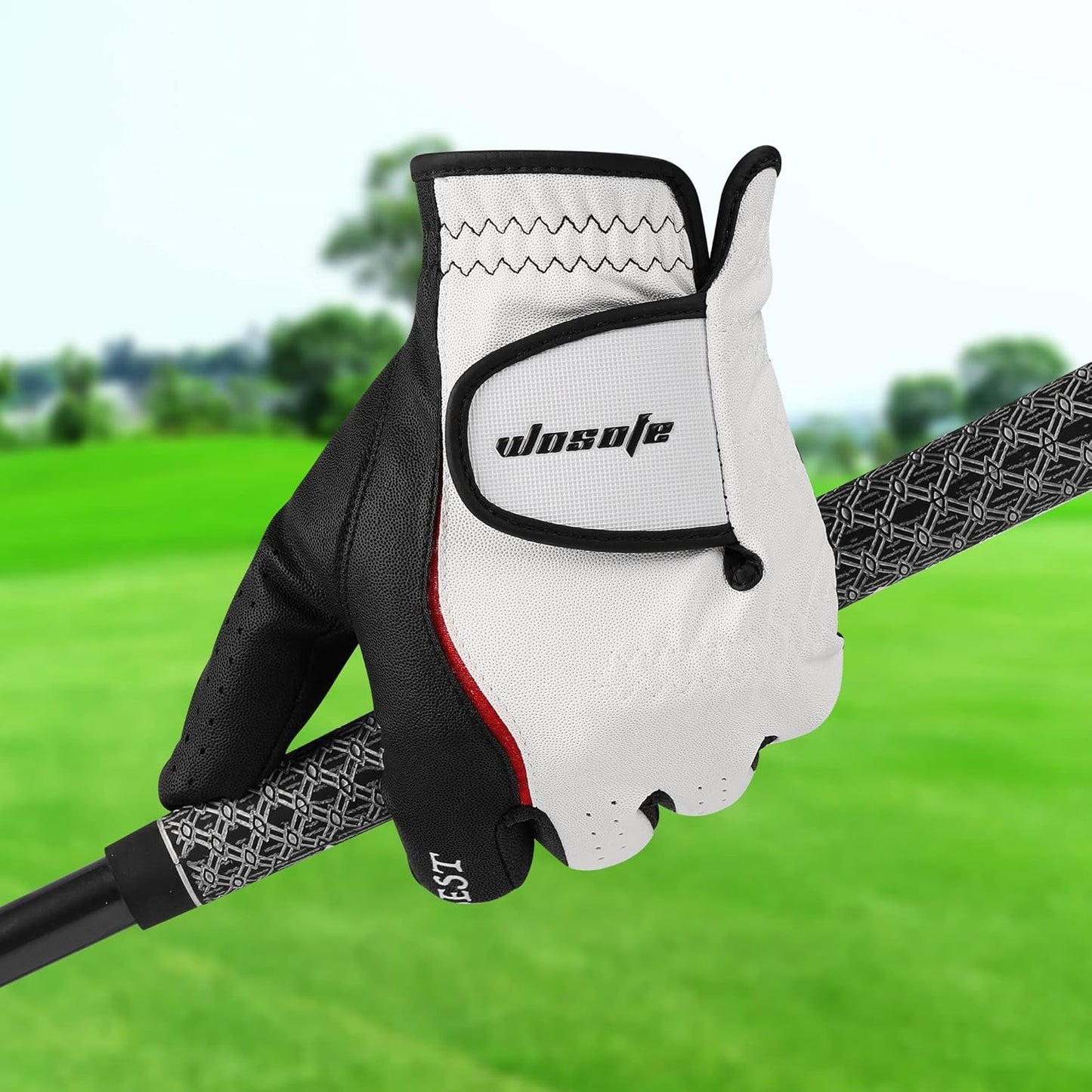 Golf Glove Men Left Hand Premium Leather Grip Soft Breathable Durable Fit All Weather with Golf Tee and Divot Repair Tool