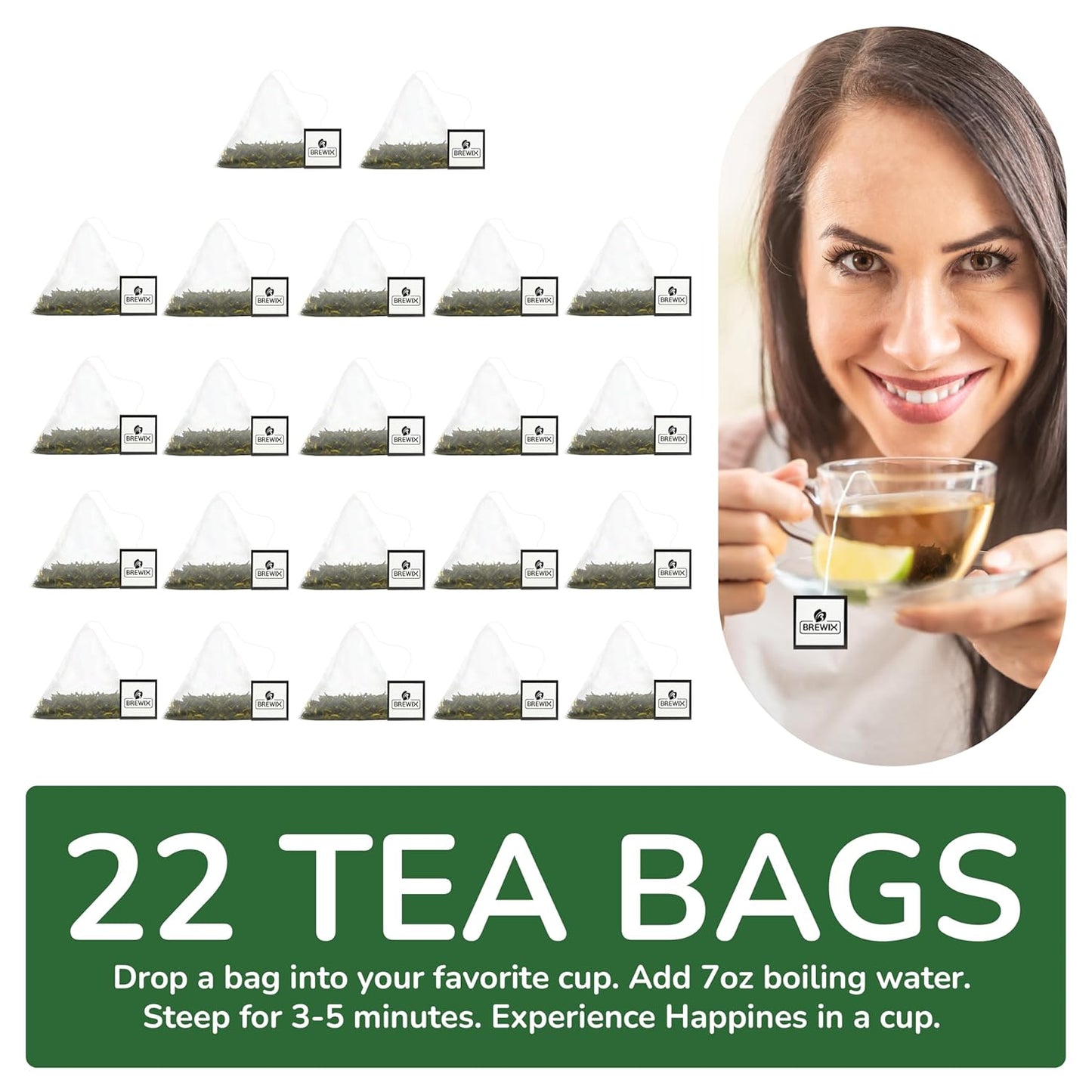 BREWIX, Green Tea (22 Pyramid Tea Bags) | Supports Overall Health, Natural & Pure High Grown Green Tea | Caffeinated & Gluten Free | Direct From India