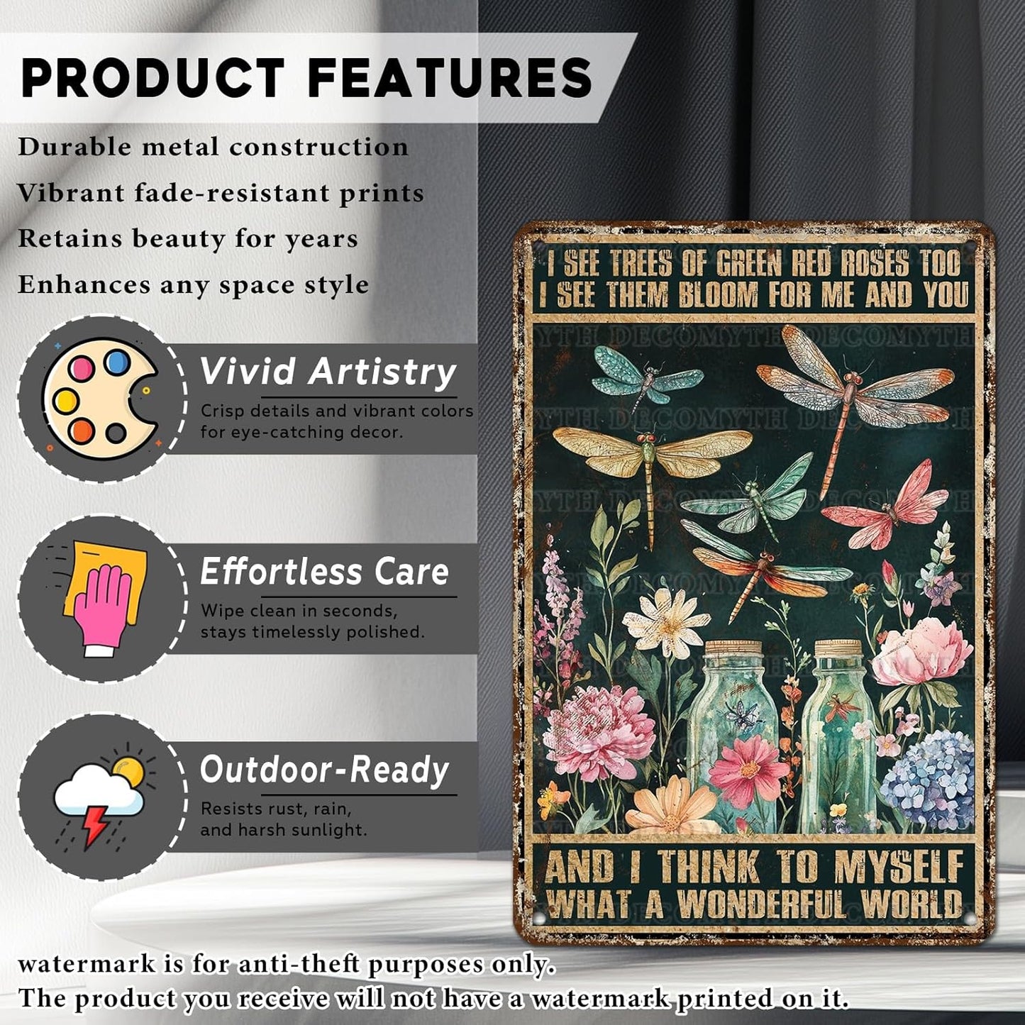 Dragonfly Decor And I Think To Myself What A Wonderful World Vintage Metal Tin Sign Decorative Plaque Poster 12 * 8inch