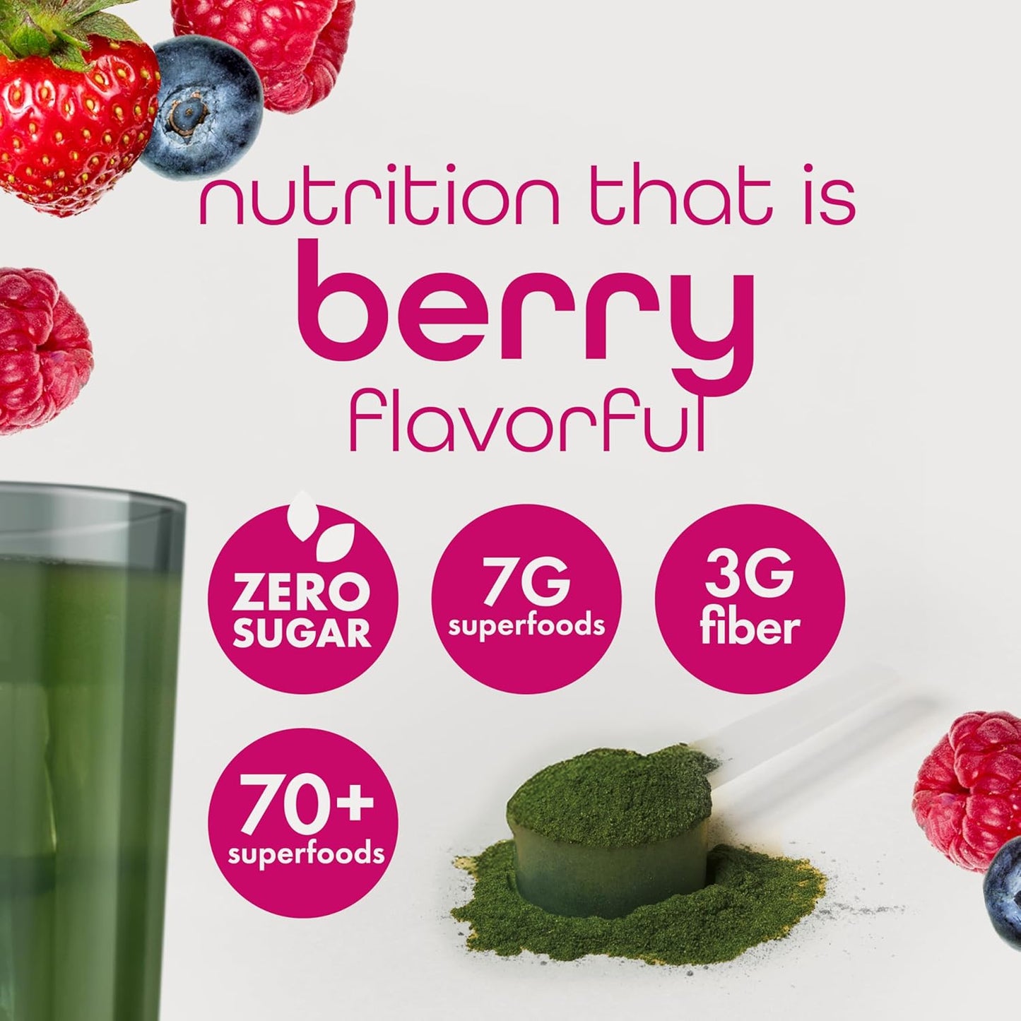 Zena Nutrition Organic Super Greens Powder, 70+ Superfoods, 0 Sugar, 3G Fiber, Spirulina, Chlorella, Antioxidants, Prebiotics/Probiotics, Digestive Enzymes, Mixed Berry, 30 Servings