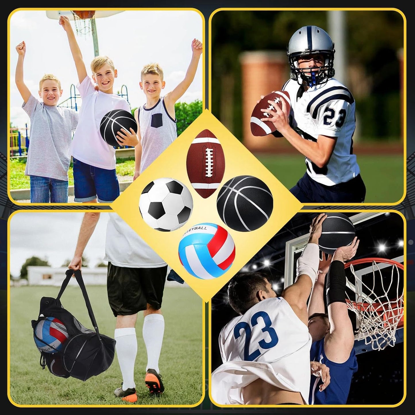 Jerify 4 Pcs Sport Balls Set Official Size Athletic Balls Include Soccer, Football, Basketball, Volleyball for Indoor Outdoor Game Teens Youth Adult Operation Christmas Ball Gifts