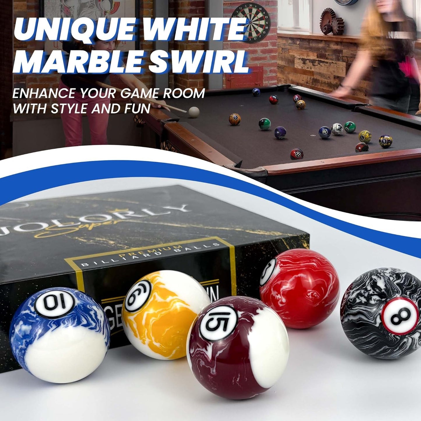 Pool Balls Billiard Set – 2-1/4" Regulation Size, 6 oz Professional Weight, AAA Grade Pure Resin, White Marble Swirl Pool Table Balls for Tournament, Bar, Game Room & Gifts