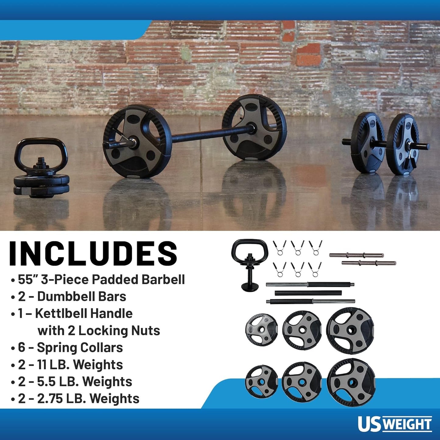 US Weight Adjustable Weight Set with 55" Barbell, Dumbbells, and Kettlebell Handle – Versatile Exercise Equipment for Home Gym Workouts