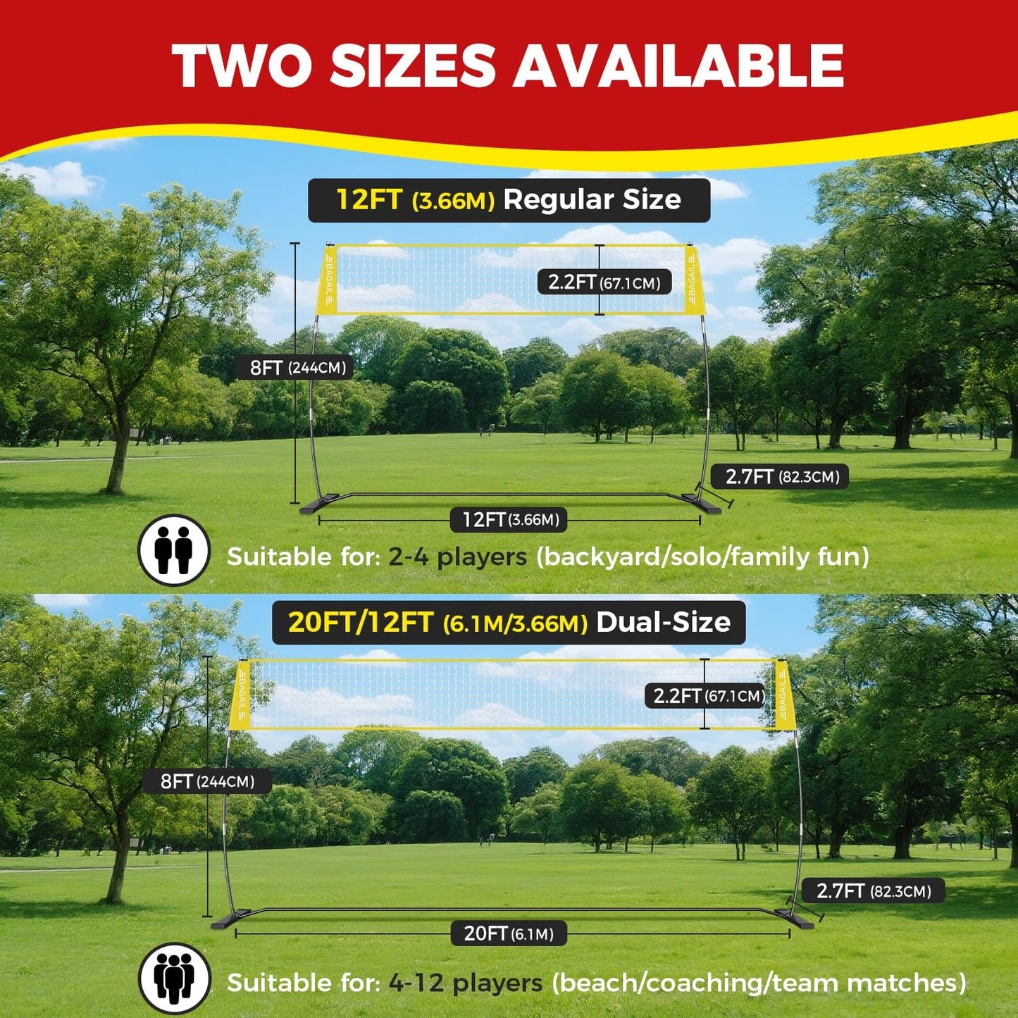 BAGAIL Volleyball Net, 12ft/20ft Portable Volleyball Net for Backyard - Adjustable Height, Heavy-Duty Frame, Freestanding Design - Portable Outdoor/Indoor Volleyball Set with Carry Bag