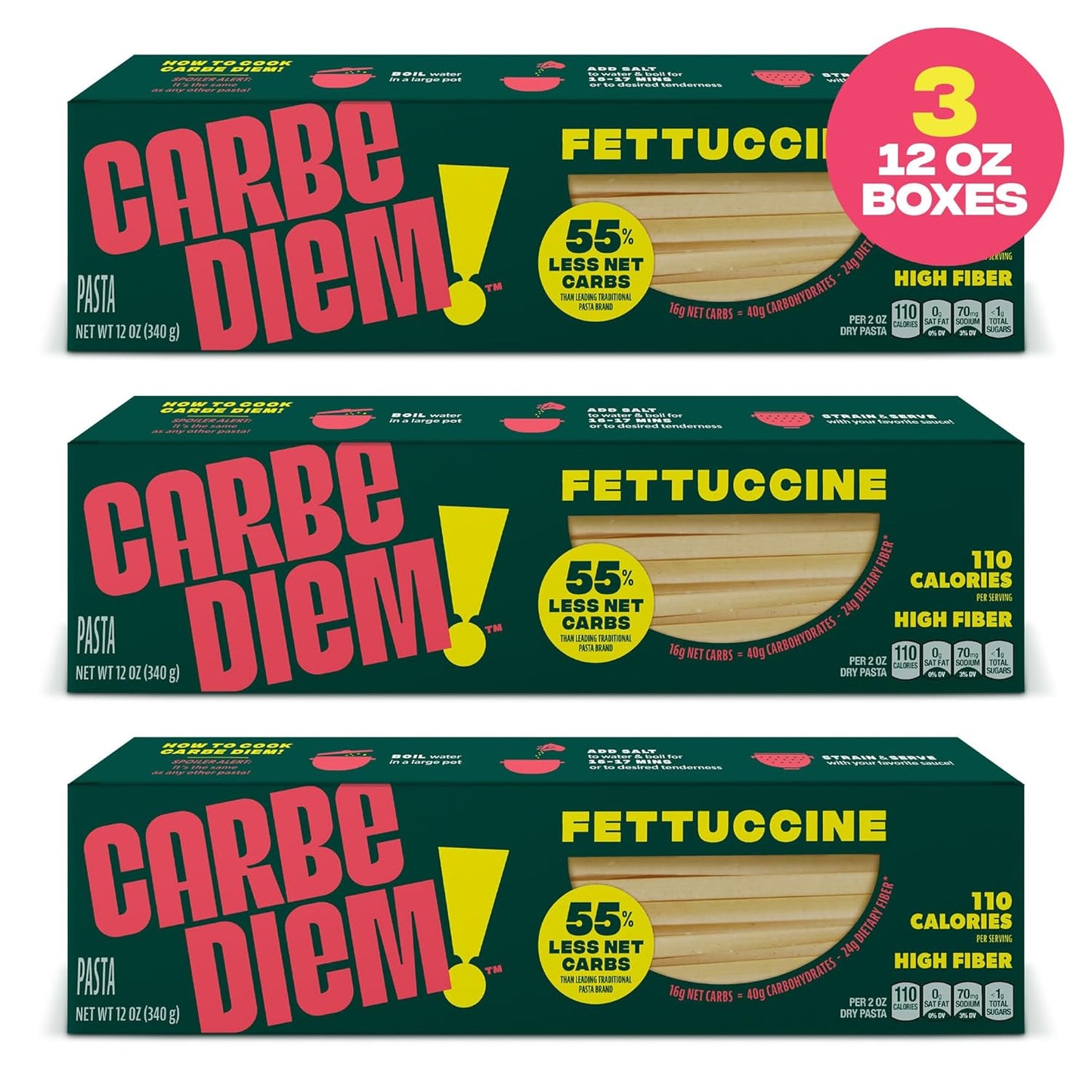 Carbe Diem!, Fettuccine, Lower Net Carb Pasta with Traditional Flavor & Texture, 55% Fewer Net Carbs & Only 110 Calories Per Serving, Pack of 3