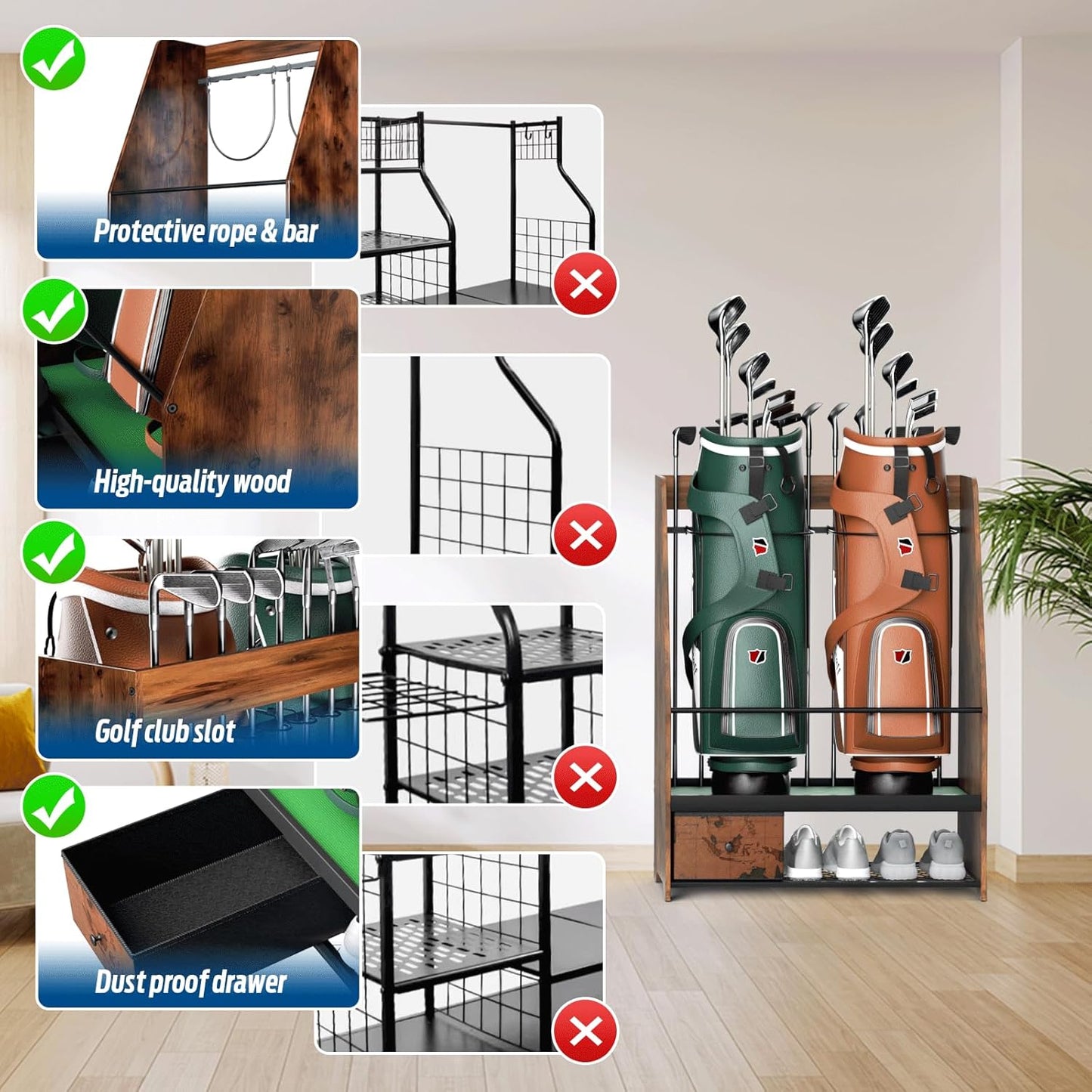 Golf Bag Organizer Storage for 2 Bags with Drawer – Easy Assemble Golf Club Stand Ideal for Garage, Clubs and Basement