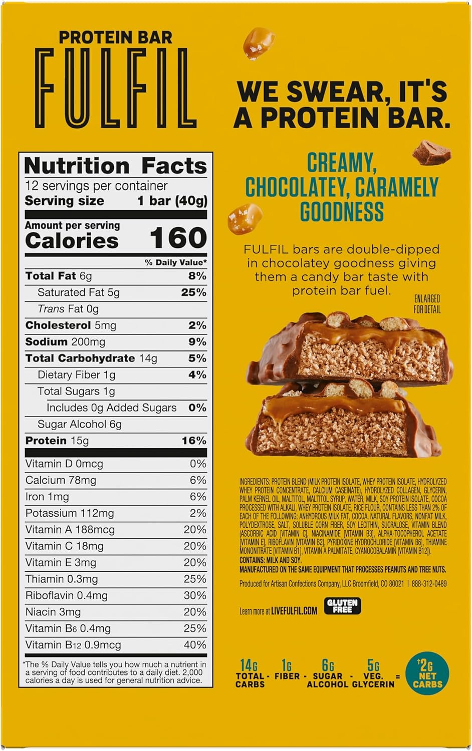 FULFIL Protein Snack Bars, Chocolate Salted Caramel Flavored, Gluten Free with 15g Protein, Pantry Staples, 12 Count
