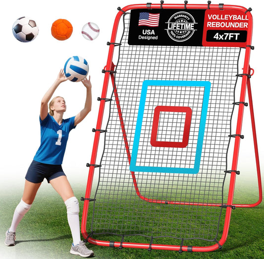 Volleyball Rebounder Net 7x4 Ft, 5-Angle Adjustable Rebounder Net for Practicing Digging, Setting, Spiking, Bounce Back Training Equipment with 2 Target Stripes & Portable Travel Bag for Storage