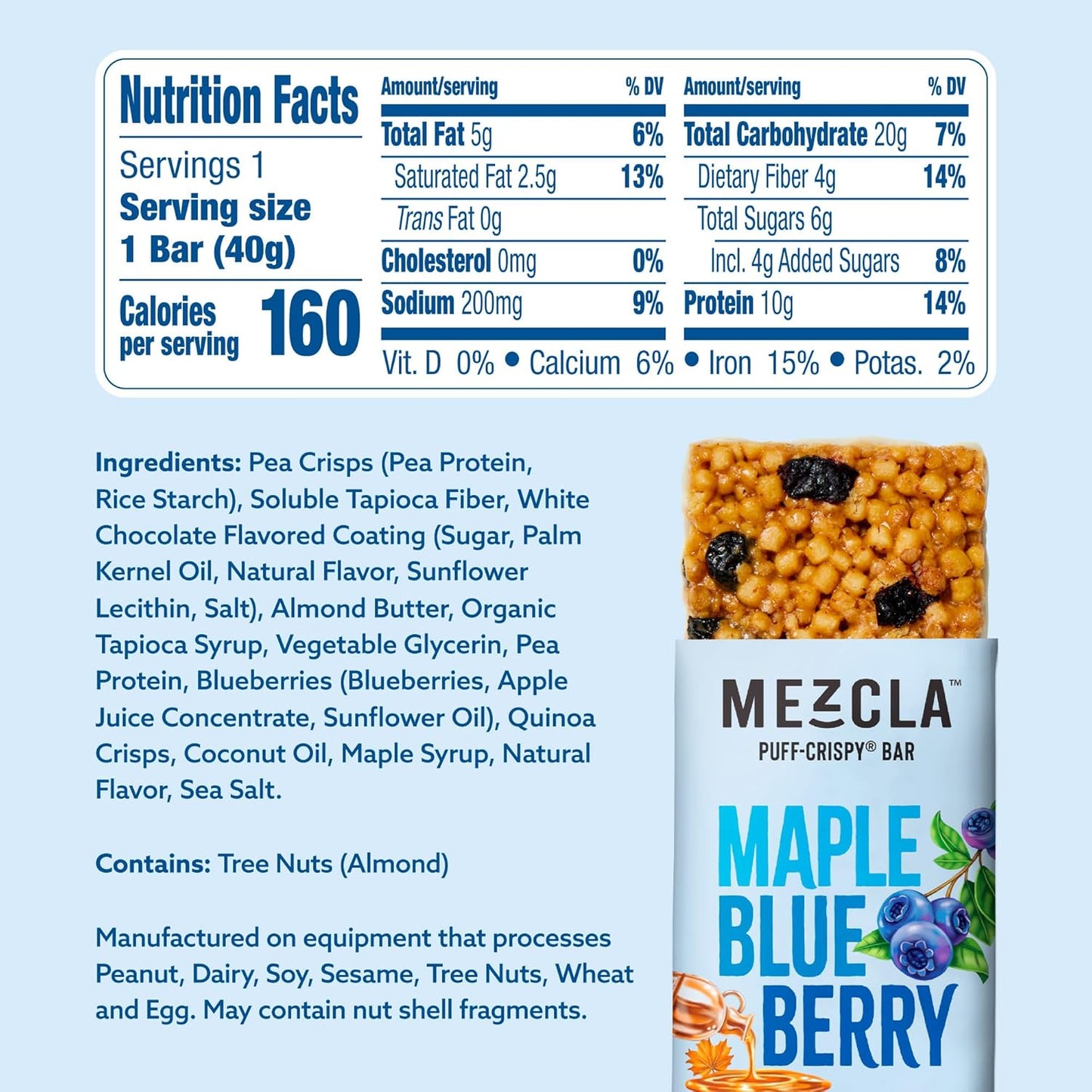 Mezcla Vegan Protein Bars, Gluten Free Snack Made with Pea Protein, Organic Vanilla, Blueberries and Other Premium Ingredients, Healthy Snacks, Canadian Maple Blueberry, 10g of Protein, 12 Pack
