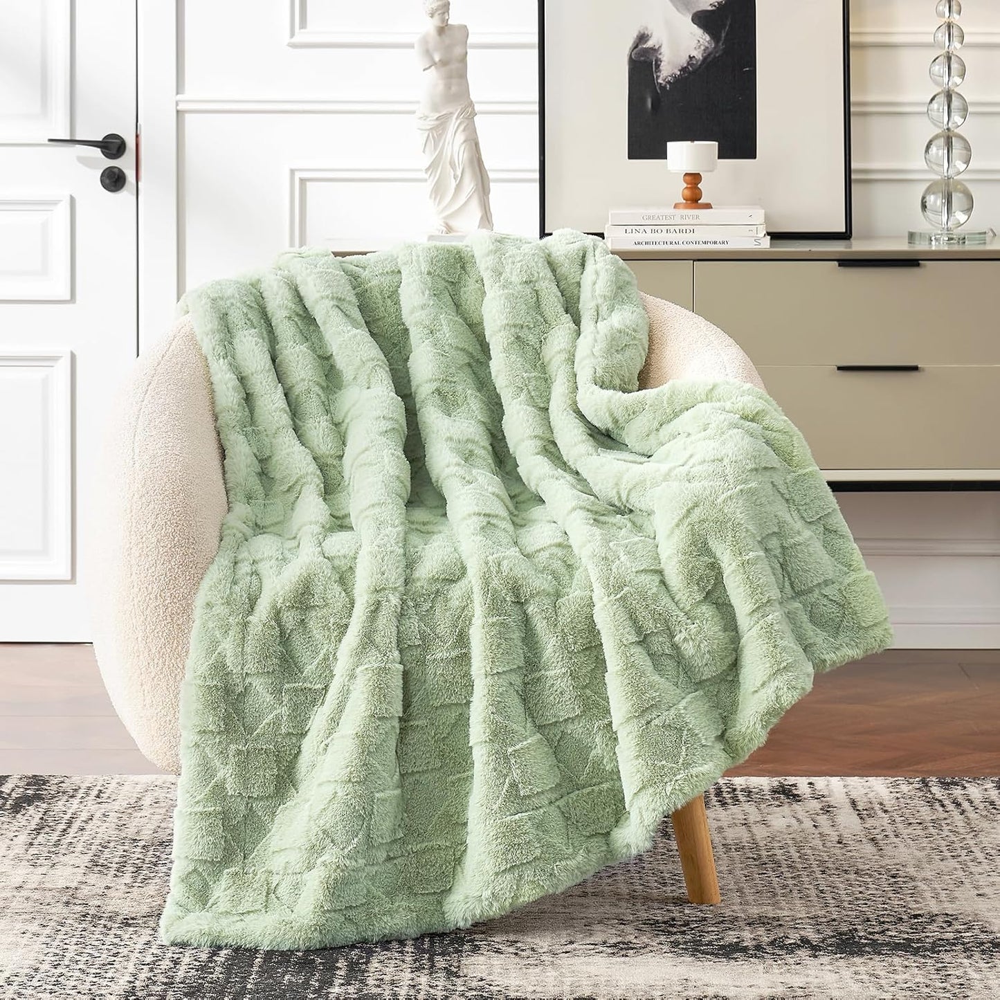 Cozy Bliss Faux Fur Throw Blanket for Couch - Soft Checkered Fuzzy Cozy Throw Gift Blankets for Women,Sage Green Boho Blanket for Sofa Bedroom Living Room.50 * 60 Inches