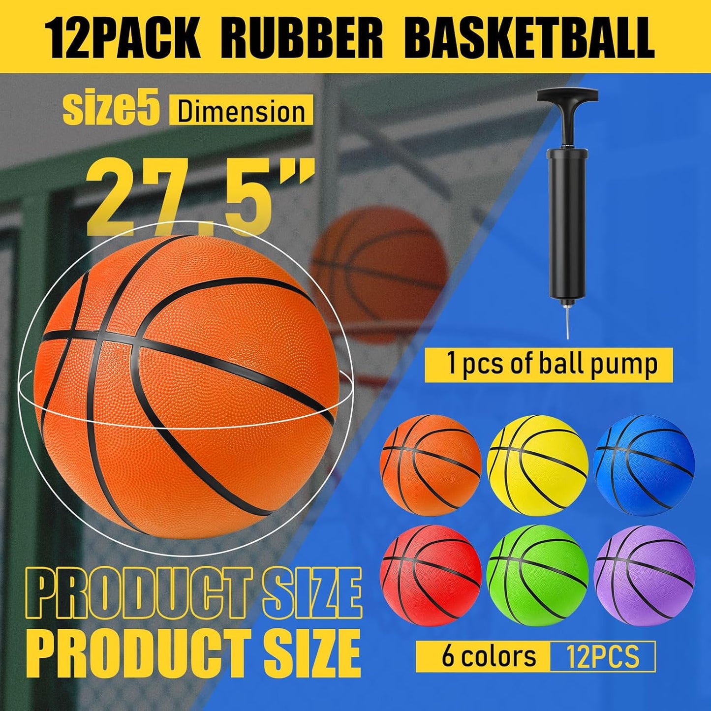 Jerify 12 Pack Official Size Rubber Basketballs for Kids Child Junior Youth Indoor Outdoor Sports Basket Balls with Pump Back to School Student Gifts Operation Christmas Bulk Items