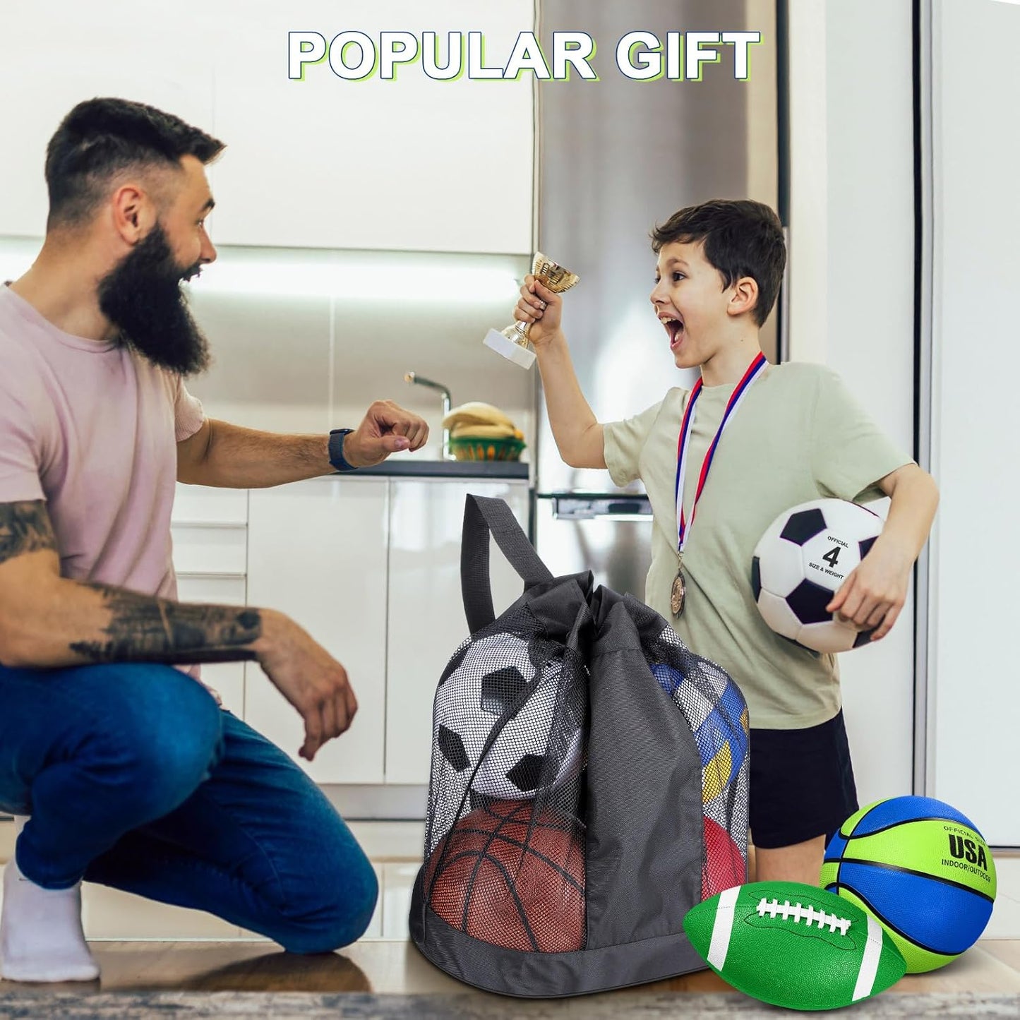 Realspring 6 Pcs Multi Sport Ball Set for Kid Teen Operation Christmas Official Size Football, Basketball, Soccer, Volleyball, Playground Ball, Baseball with Sports Equipment Bag Pump