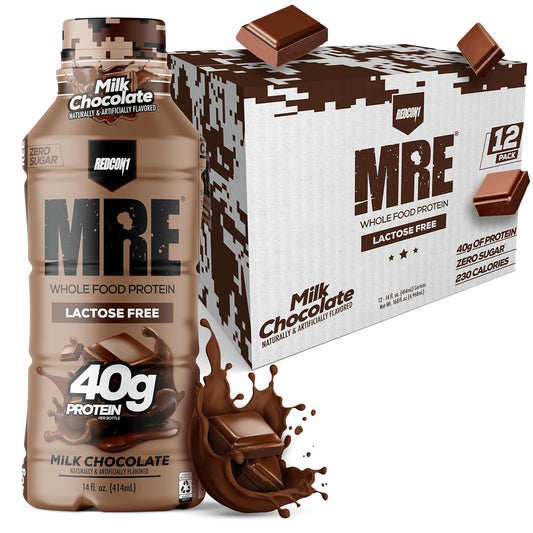REDCON1 MRE Ready to Drink Protein Shake, Milk Chocolate - Lactose + Whey Free RTD 40gr Protein Made with Real Whole Food Protein Blends - Keto-Friendly and Easy to Digest Nutritional Shake (12 Pack)