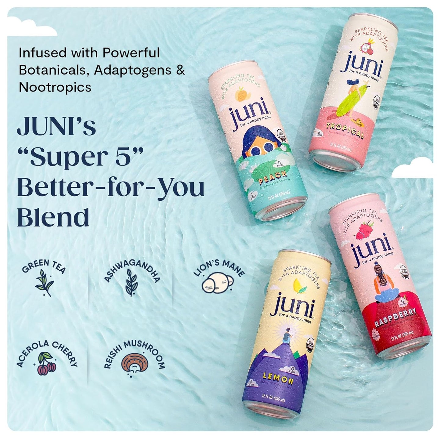 Juni Sparkling Adaptogen Drink with Ashwagandha, Lion’s Mane & Reishi Mushrooms | Green Tea for Focus, Zero Sugar, 5 Calories, Organic | Non Alcoholic Drinks - Lemon 12 pack