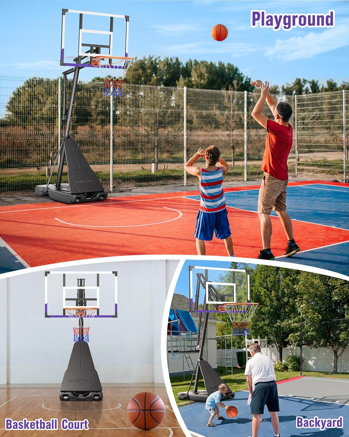 TONBUX Basketball Hoop Outdoor 44/48 Inch Shatterproof PC Backboard, 5.25-10FT Stepless Adjustable Height, Portable Basketball Hoop for Kids/Teens/Adults in Backyard, Driveway and Indoor