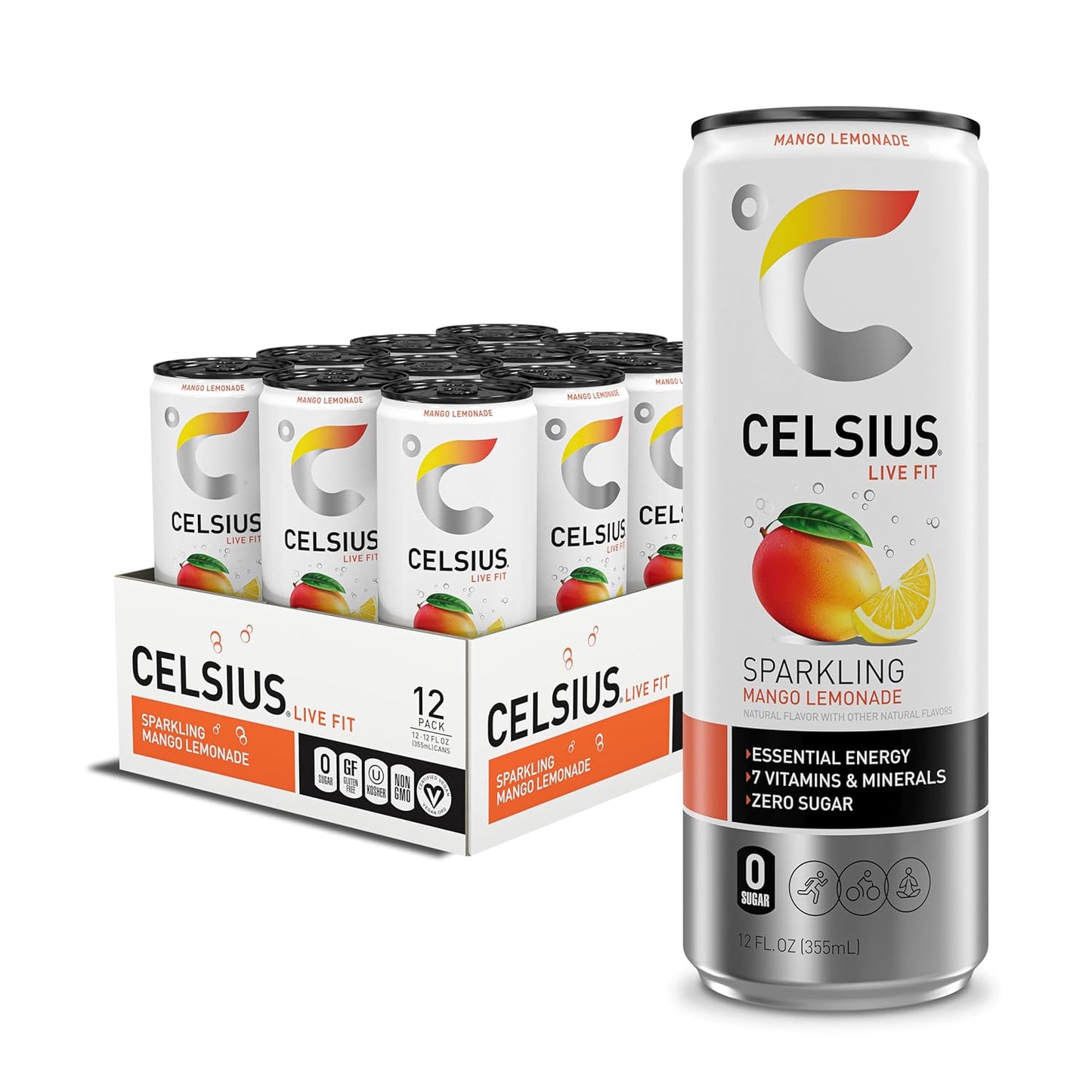 CELSIUS Sparkling Mango Lemonade, Sugar Free Energy Drink, 12 Fl Oz (Pack of 12)