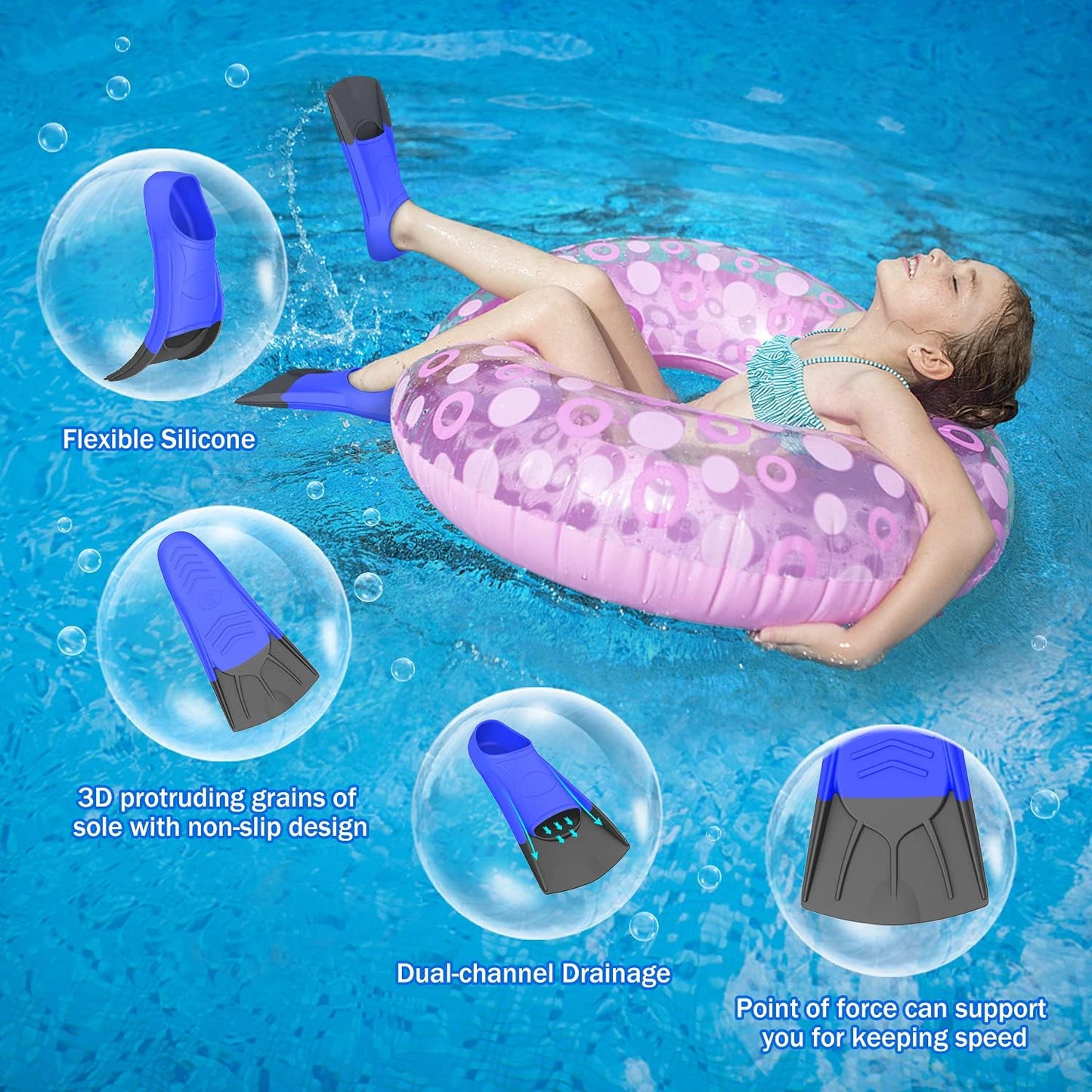 Gintenco Swim Fins, Kids Swim Training Fins for Lap Swimming, Travel Size Flippers with Mesh Bag, Silicone Swimming Fins for Kids Teens Adults Women Men