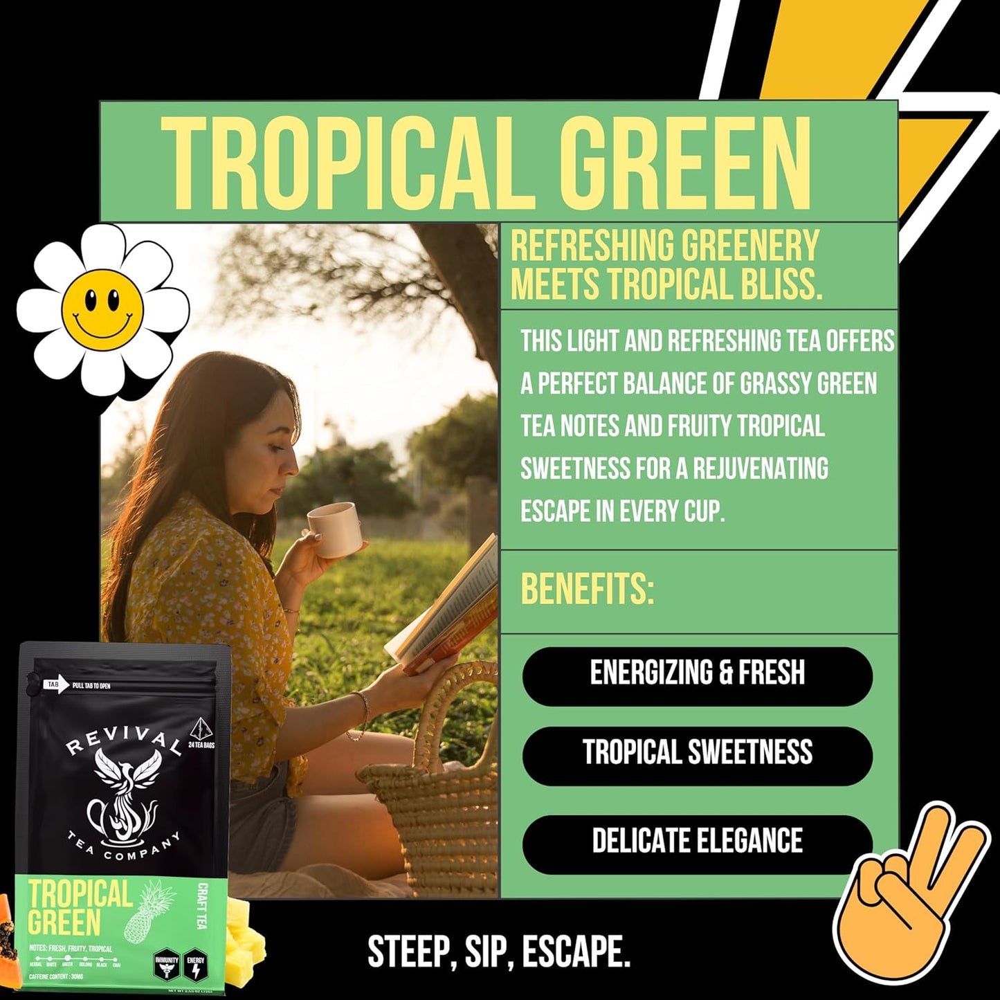 Revival Tea Company Tropical Green Tea - Green Tea Blend with Pineapple and Papaya Flavor - 24 Tea Bags